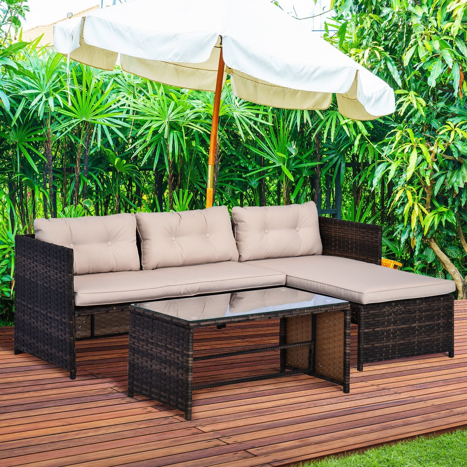 3 Piece Patio Furniture Set, Rattan Outdoor Sofa Set with Chaise Lounge & Loveseat, Soft Cushions, Tempered Glass Table, L-Shaped Sectional Couch, Beige