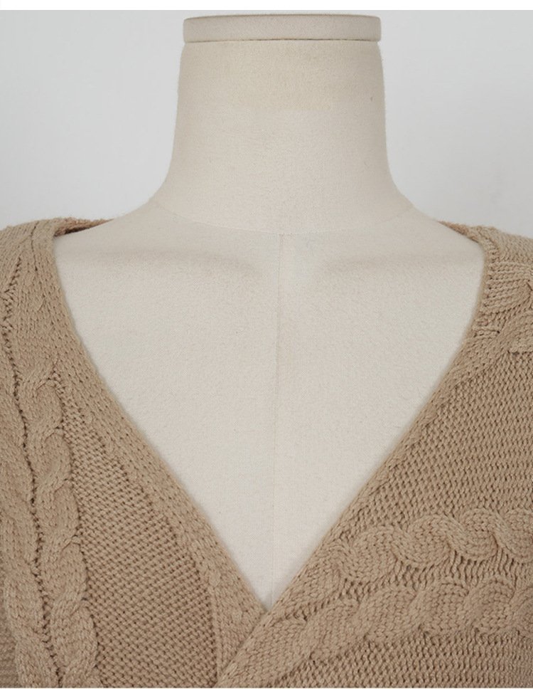 Winter Korean Style Temperament V-neck Design Sense Lace-up Waist Linen - Image 4