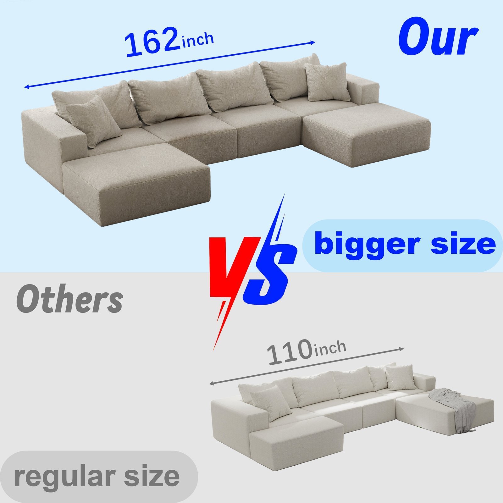 Oversized Sponge Cloud Sofa,Modern Upholstered Sectional Sofa Couch Set,Modular 162 L Shaped Sectional Living Room Sofa Set With 6 Pillows,Free Combination Sofa Couch For Living Room,Bedroom - Image 3