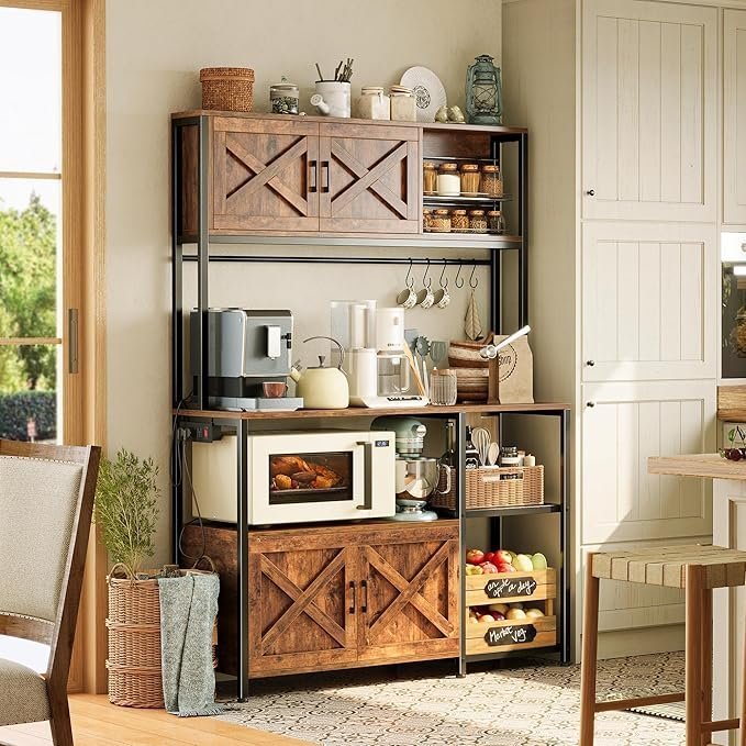 Huuger Large Bakers Rack with Power Outlet, Kitchen Microwave Stand with Cabinets, Coffee Bar - Image 3