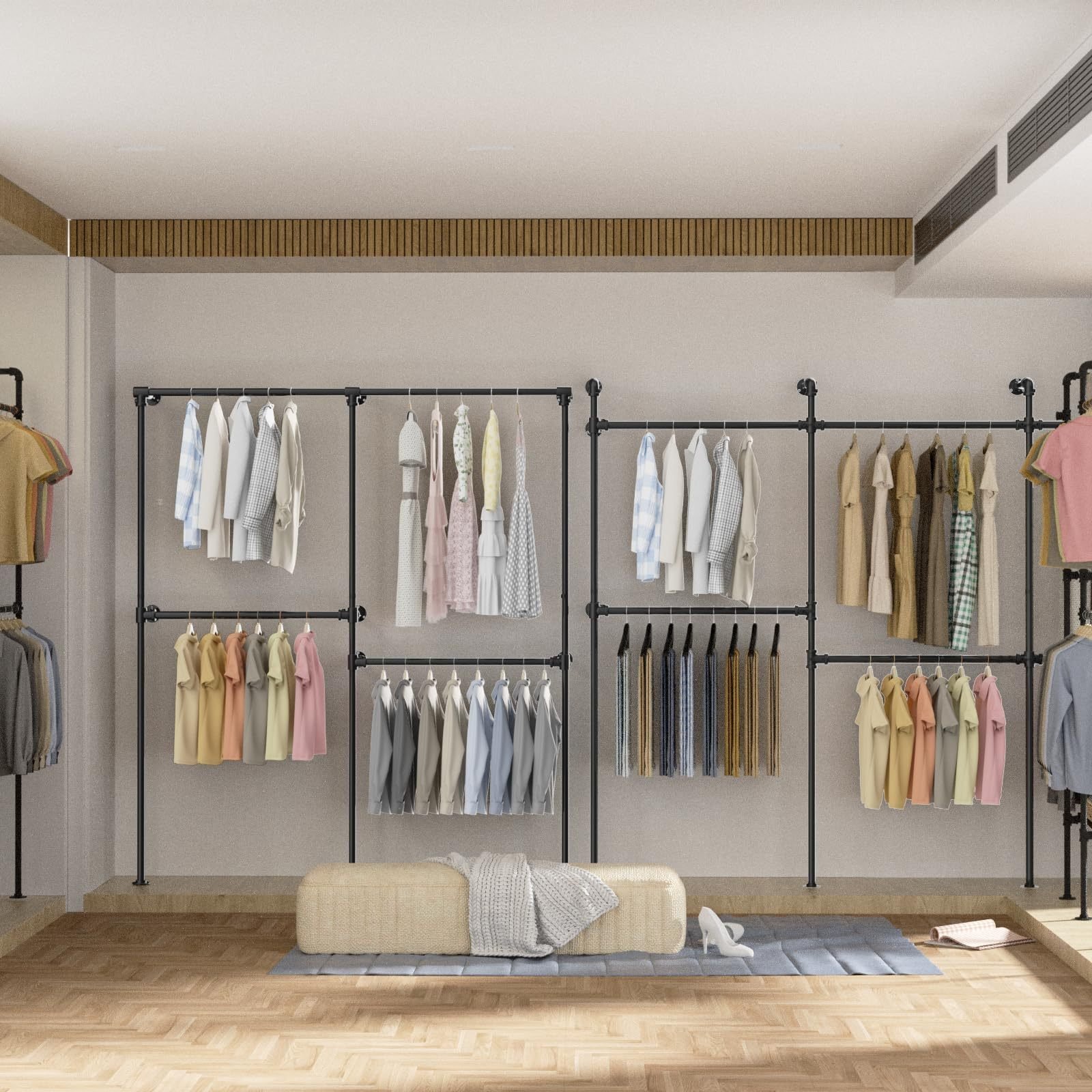 Industrial Pipe Clothing Racks, Wall Mounted Clothing Rack,Heavy Duty Garment Rack Closet Wardrobe Rack With Shelves,Closet Clothes Rack,Walk-in Pipe Closet System - Image 3