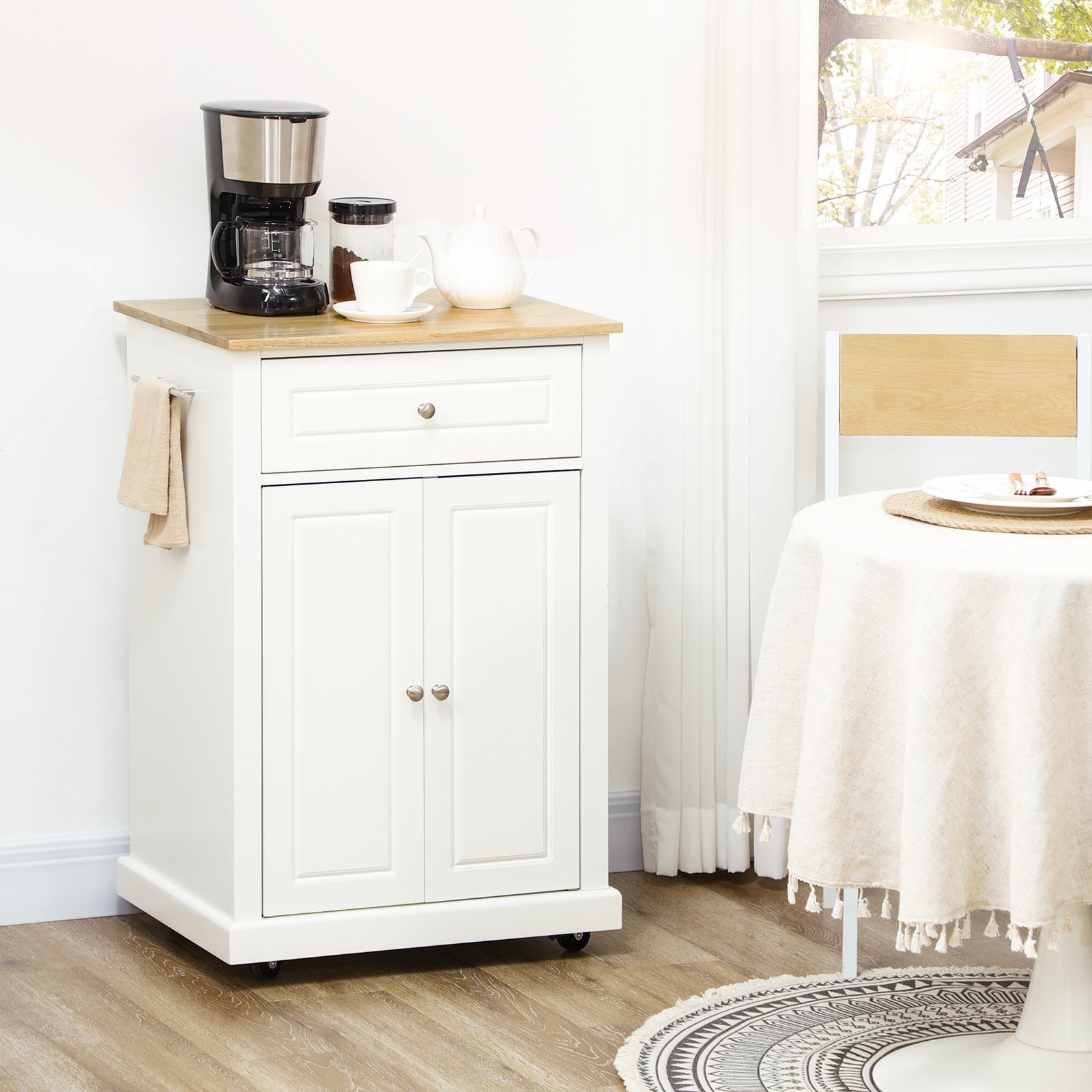 Rolling Kitchen Island Cart, Portable Serving Trolley Table With Drawer, Adjustable Shelf And 2 Towel Racks, Cream White