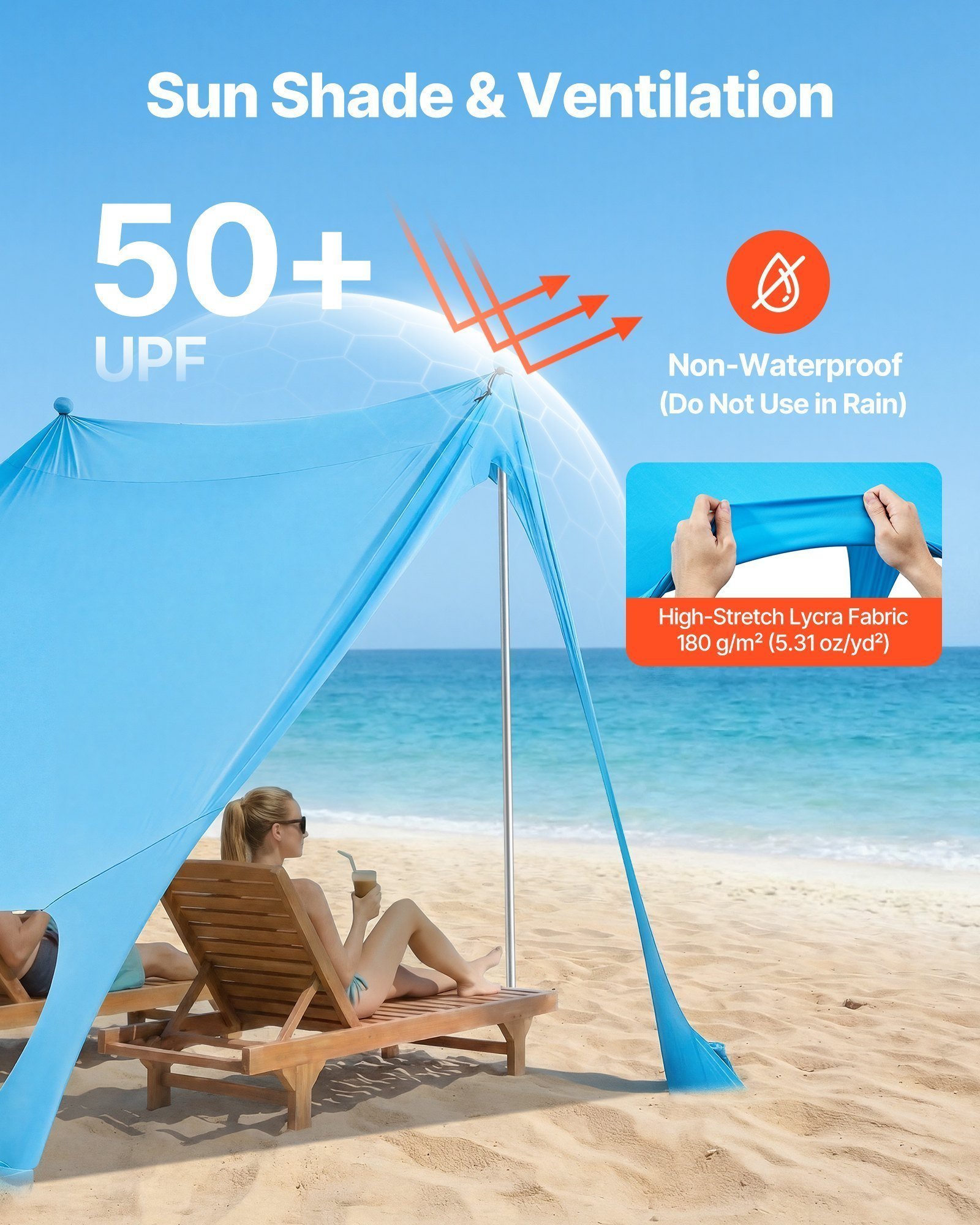 Beach Tent Sun Shelter, UPF50+ Sun Protection, 6.6 Ft Tall, 7.5x7.5 Ft, Easy Pop Up Beach Canopy With Sandbags, Stability Poles, Sand Shovels, Portable Shade For Family Outings, Camping, Fishing - Image 2