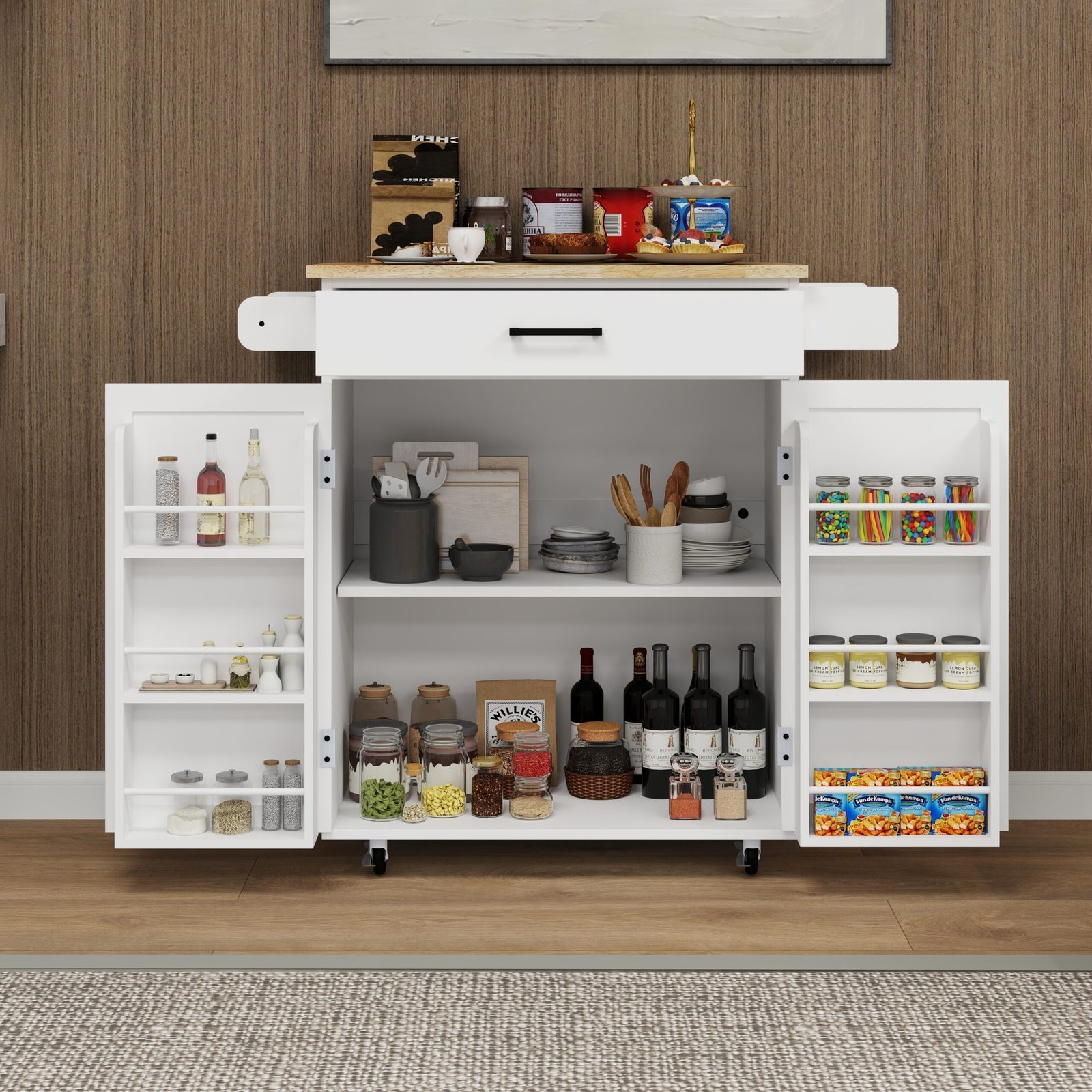 Kitchen Island Rolling Trolley Cart With 1 Drawer & 2 Doors With Storage Racks & Adjustable Shelves & Towel Rack & Seasoning Rack Rubber Wood Table Top-White - Image 4