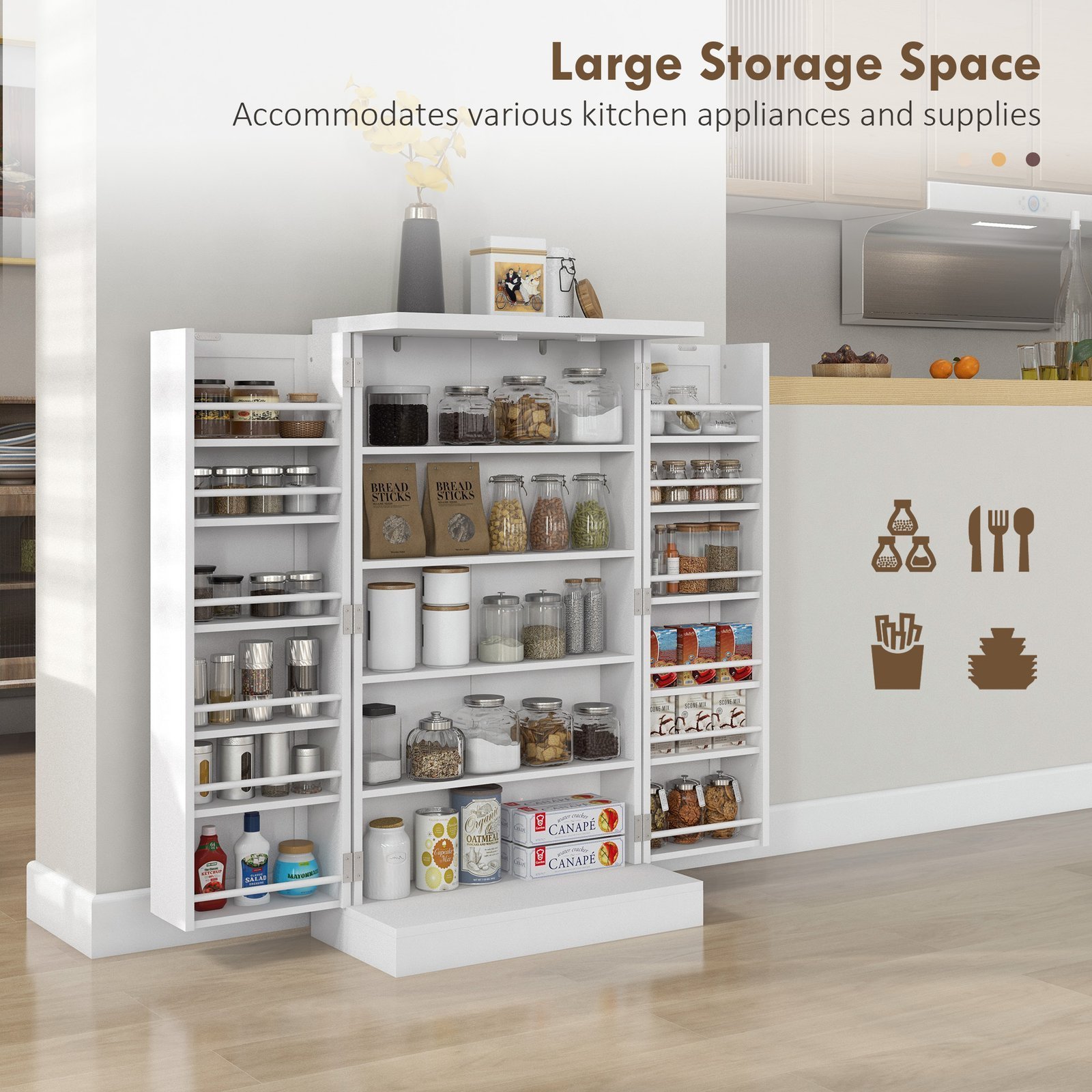 Freestanding Kitchen Pantry, Kitchen Storage Cabinet with 5-Tier Shelf, 12 Spice Racks, Adjustable Shelves, White - Image 5