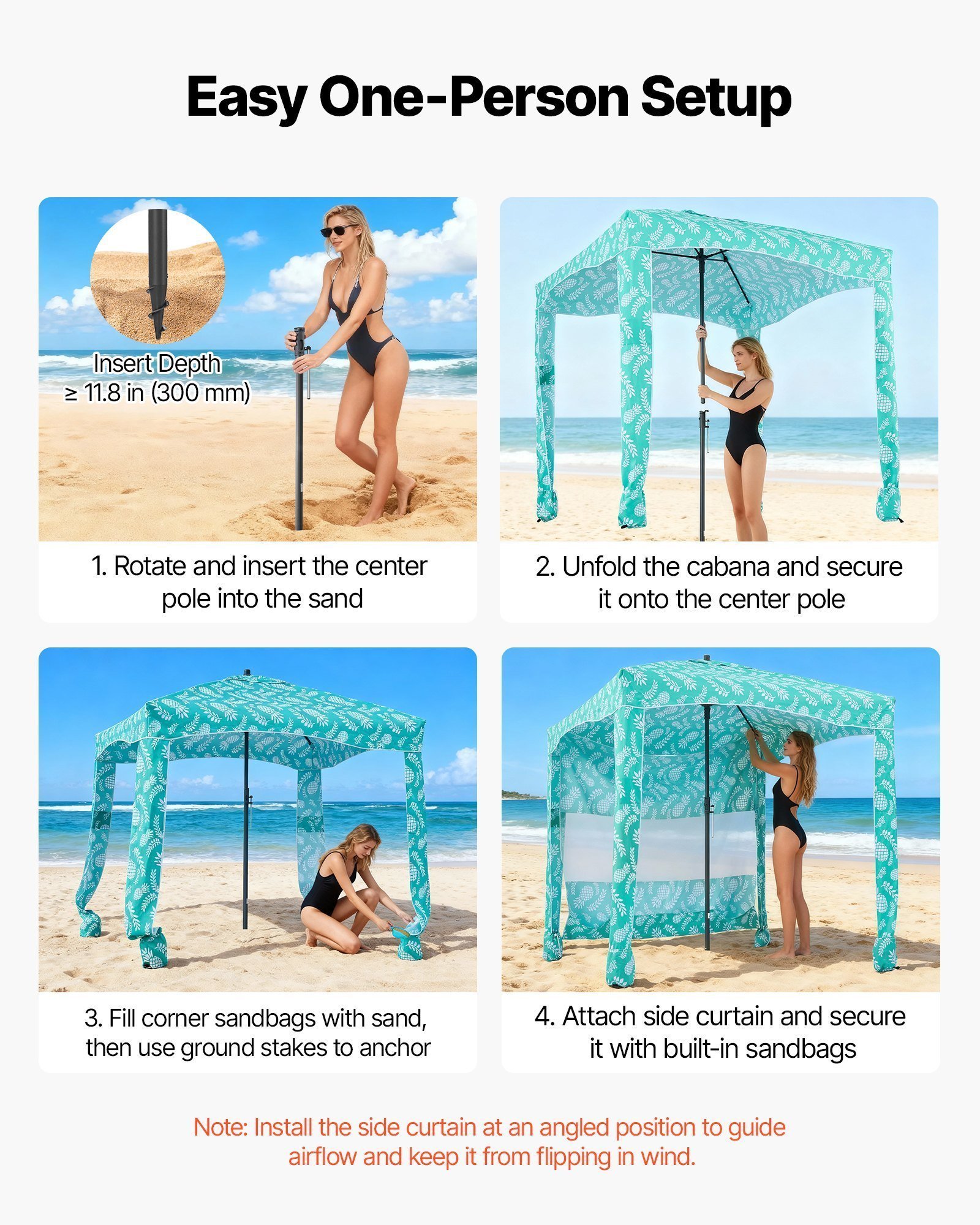 Beach Cabana, 6 X 6 Ft Beach Canopy With Side Wall, UPF 50+ Protection Easy Setup Cabana Tent With Sand Pockets, Large Portable Shade Sun Shelter, Outdoor Umbrella For Whole Family & Friends - Image 3