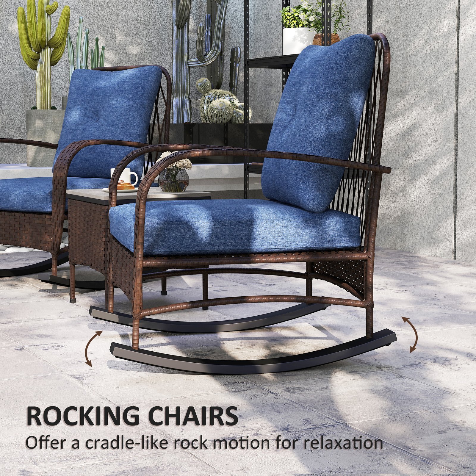3 Piece Wicker Patio Furniture Set, Outdoor PE Rattan Rocking Chairs With Coffee Table, Cushions For Porch, Brown - Image 2