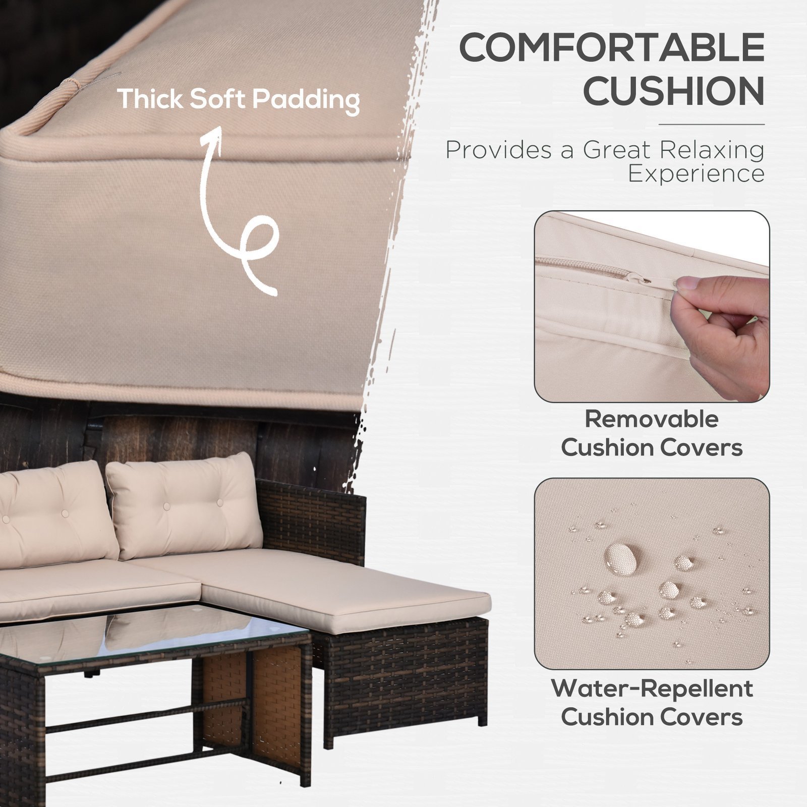 3 Piece Patio Furniture Set, Rattan Outdoor Sofa Set with Chaise Lounge & Loveseat, Soft Cushions, Tempered Glass Table, L-Shaped Sectional Couch, Beige - Image 4