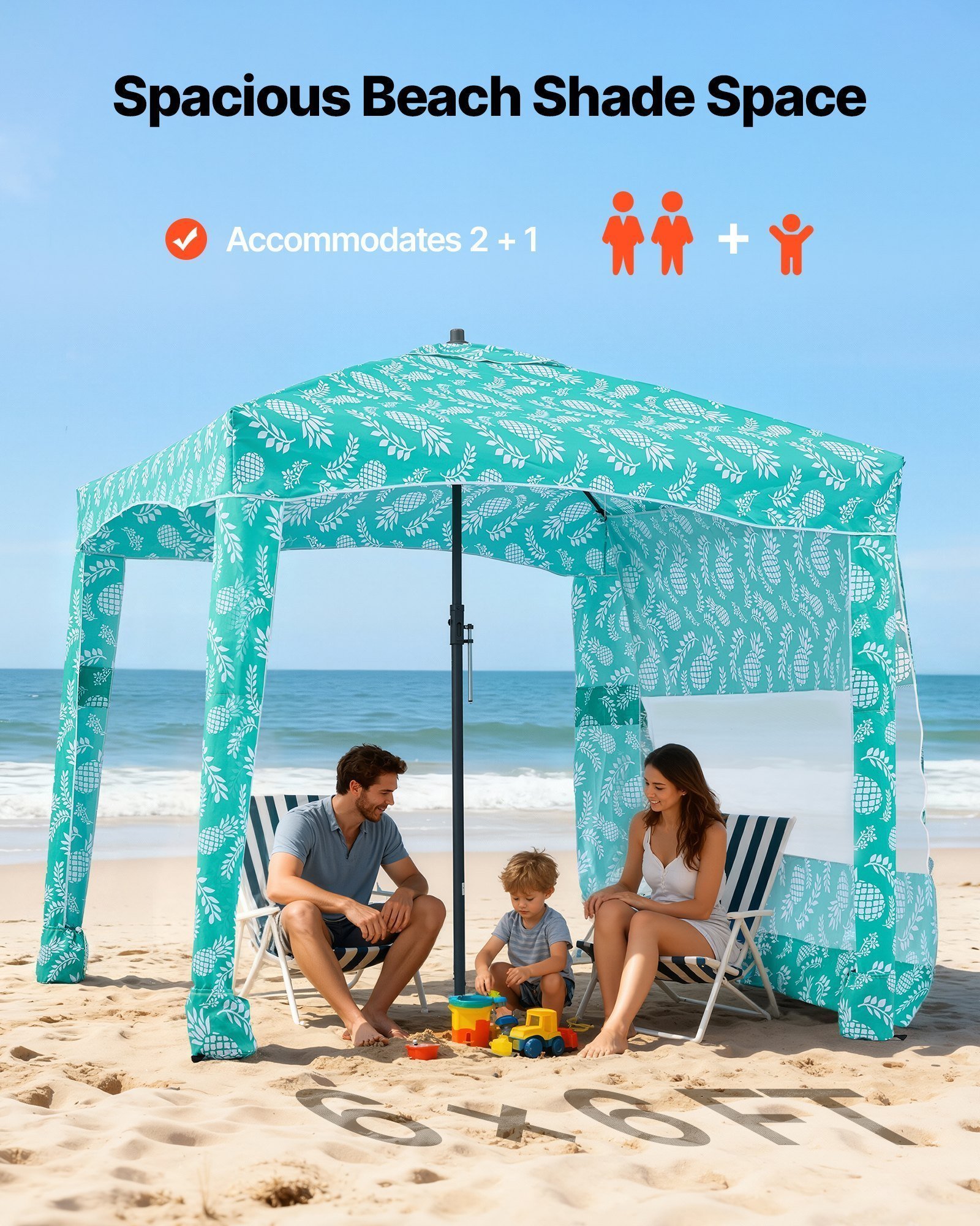 Beach Cabana, 6 X 6 Ft Beach Canopy With Side Wall, UPF 50+ Protection Easy Setup Cabana Tent With Sand Pockets, Large Portable Shade Sun Shelter, Outdoor Umbrella For Whole Family & Friends - Image 4