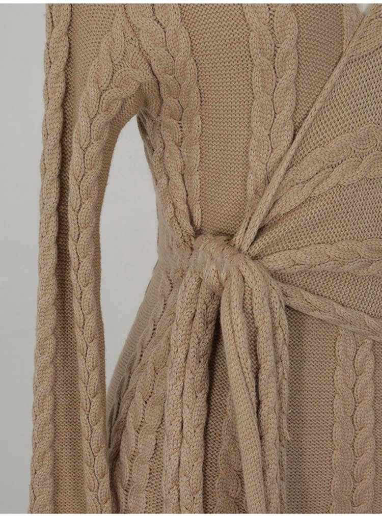 Winter Korean Style Temperament V-neck Design Sense Lace-up Waist Linen - Image 5