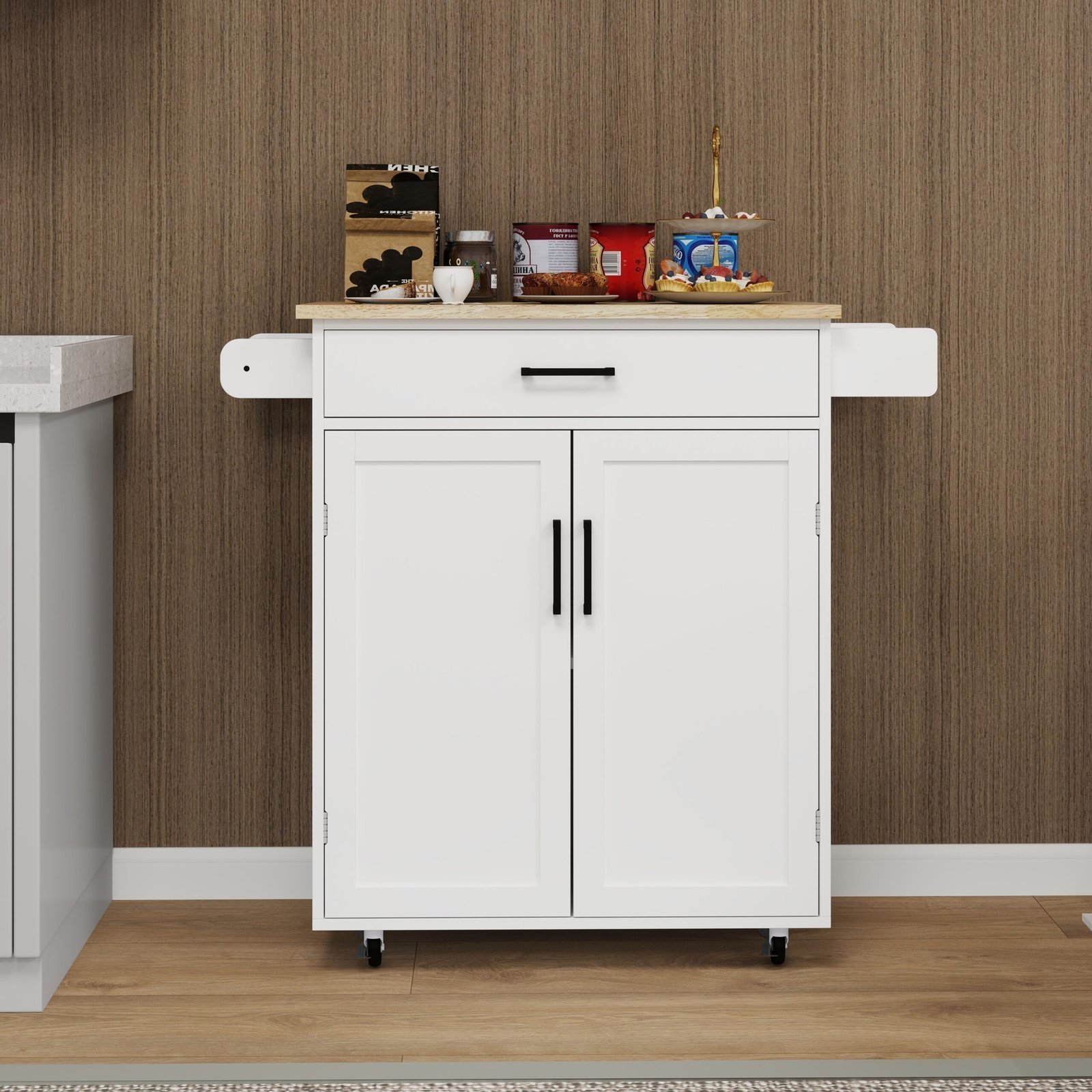 Kitchen Island Rolling Trolley Cart With 1 Drawer & 2 Doors With Storage Racks & Adjustable Shelves & Towel Rack & Seasoning Rack Rubber Wood Table Top-White - Image 5