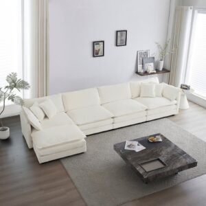 Modular Sectional Sofa For Living Room,U Shaped Couch 5 Seater Convertible Sectional Couch With 1 Ottoman ,White Chenille