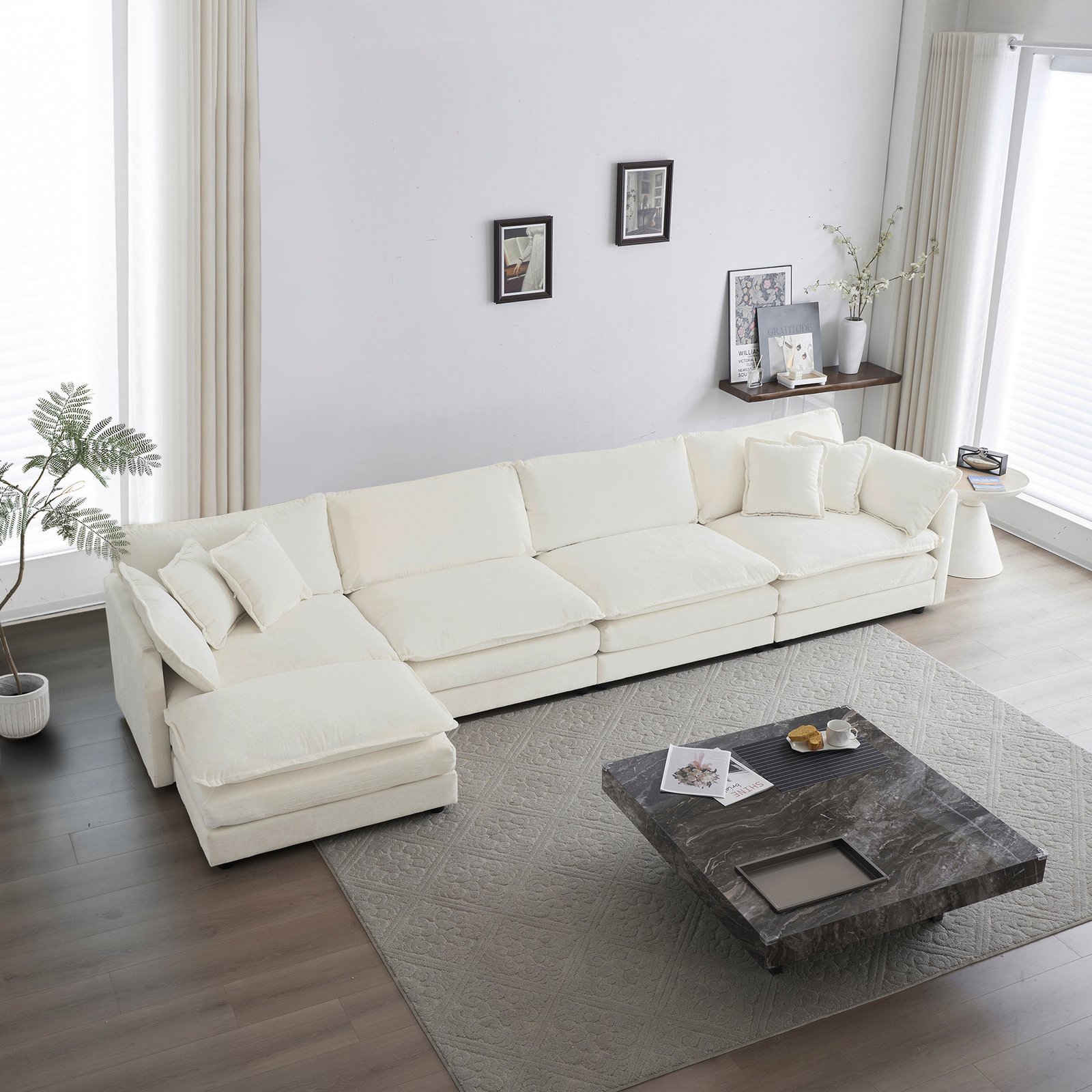 Modular Sectional Sofa For Living Room,U Shaped Couch 5 Seater Convertible Sectional Couch With 1 Ottoman ,White Chenille