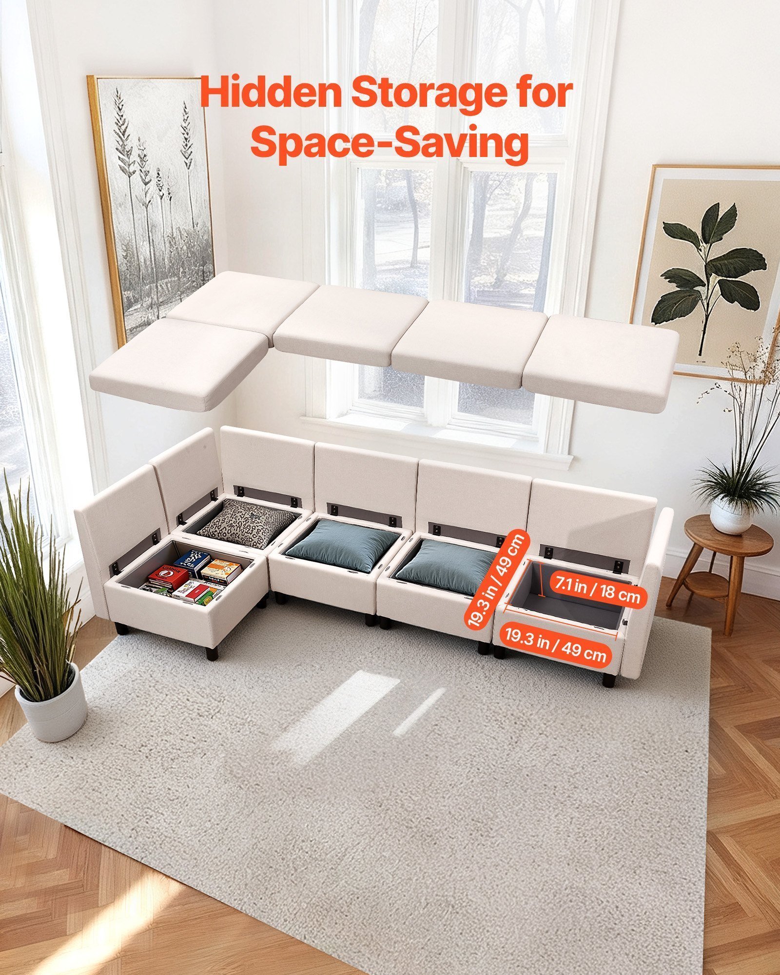 Modular Sectional Sofa, Modern 5-Seater Modular Sofa With Hidden Storage, Cloud Sectional Couch With High Rebound Sponge, Solid Wood Frame Upholstered Comfy Couch For Living Room, Bedroom, Beige - Image 5