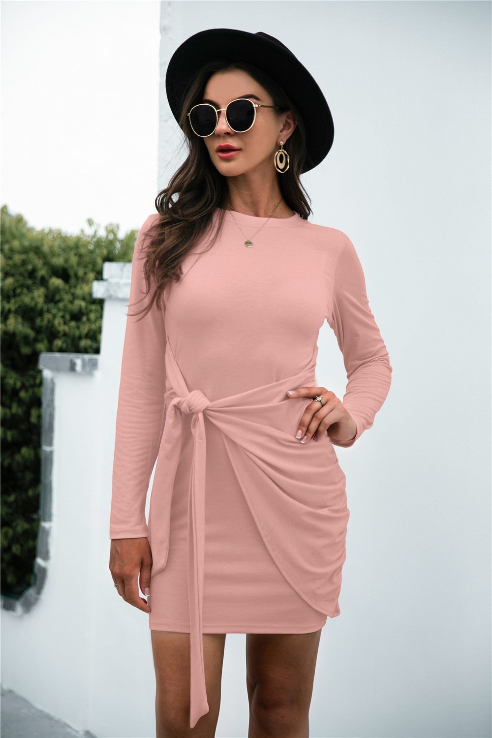 Hot Long Sleeve Round Neck Tie Solid Color Dress - Image 4