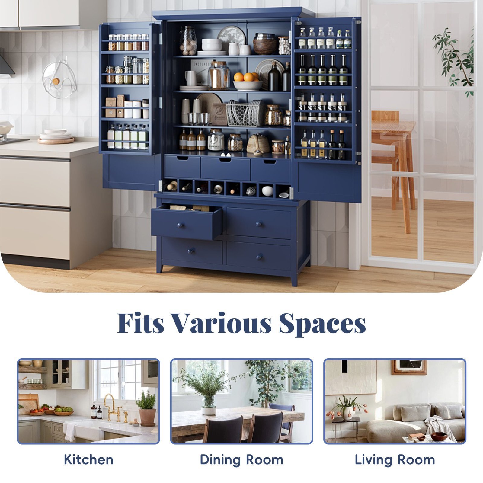 Assembly&Show Video Available TOPMAx Freestanding Large Kitchen Pantry Wooden Kitchen Storage Cabinet Cupboard With 8 Door Shelves 3 Adjustable Shelves 7 Drawers& 8 Wine Racks Blue - Image 4
