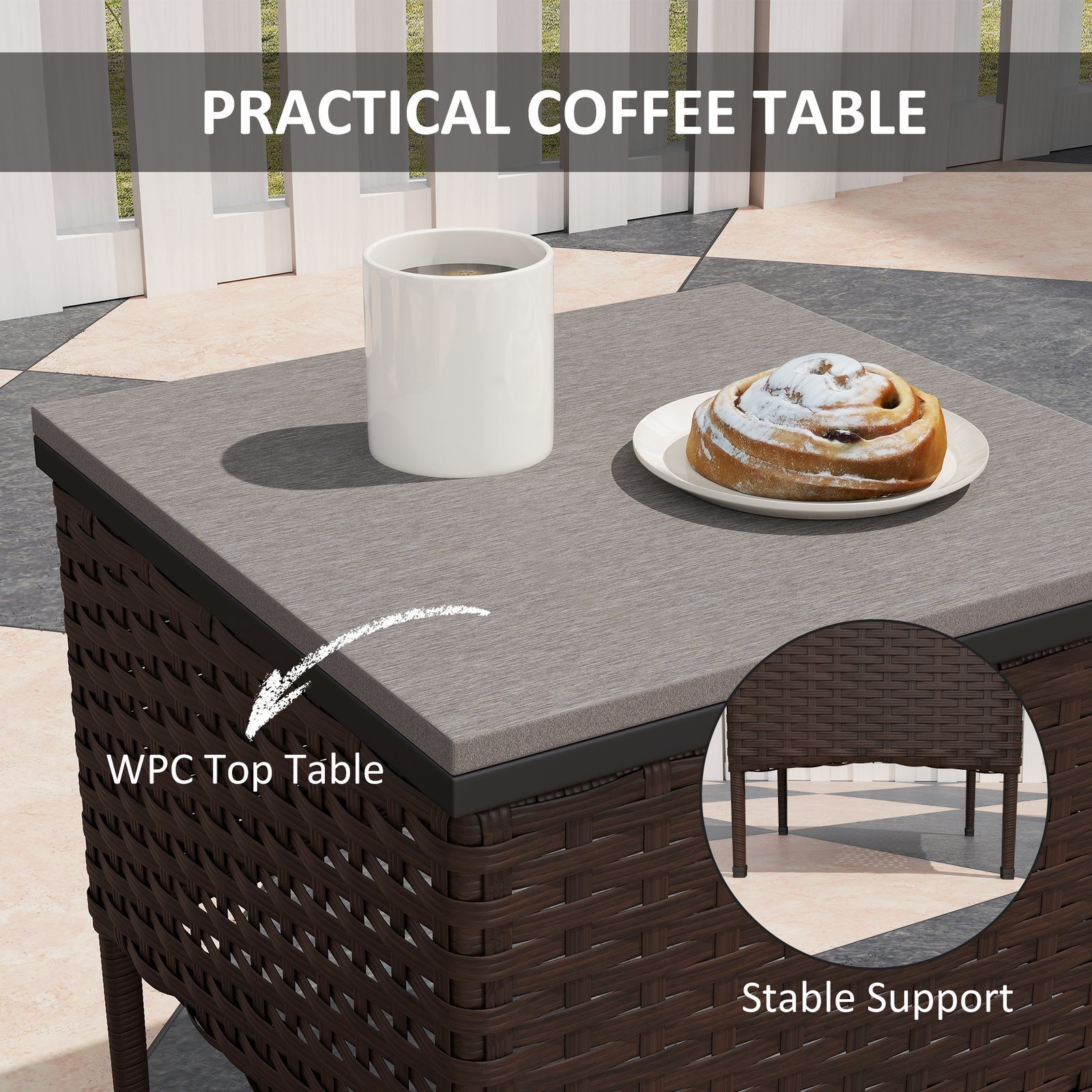 3 Piece Wicker Patio Furniture Set, Outdoor PE Rattan Rocking Chairs With Coffee Table, Cushions For Porch, Brown - Image 4