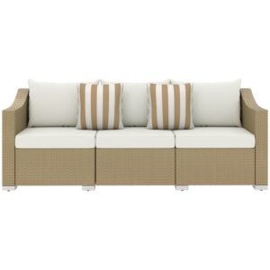Rattan Wicker 3 Seater Patio Couch With Cushions, 2 Throw Pillows, Outdoor Furniture Rattan Sofa, Cream White