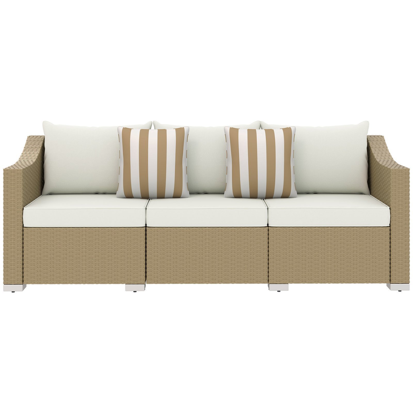 Rattan Wicker 3 Seater Patio Couch With Cushions, 2 Throw Pillows, Outdoor Furniture Rattan Sofa, Cream White