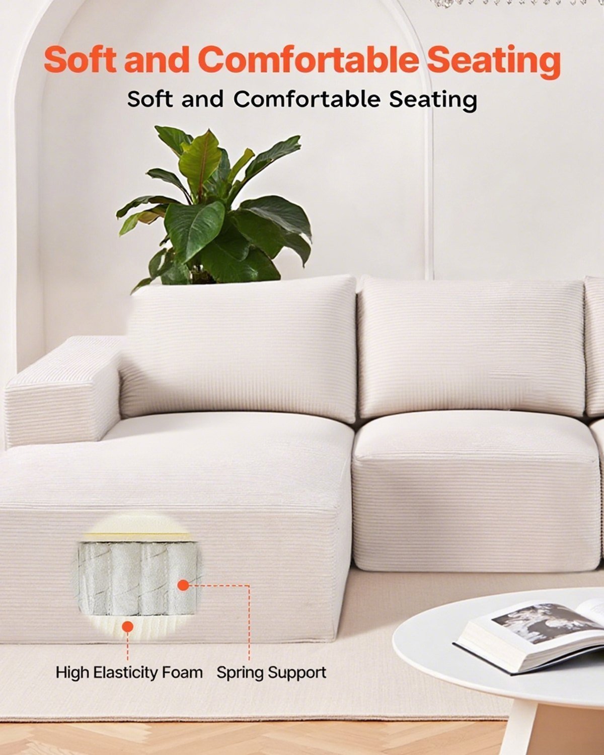 Modular Sectional Sofa, U Shaped Modular Sofa With Chaise, Cloud Sectional Couch With High Rebound Sponge And Density, Upholstered Corduroy Couch With Cushion For Living Room, Bedroom, Beige - Image 4