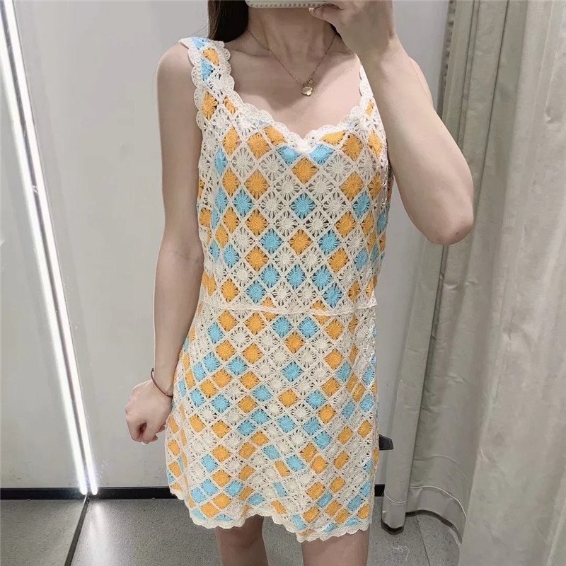 Early Autumn High-waist Sling Diamond Crochet Mini Dress Casual Short Skirt - Image 3