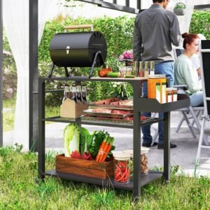 3-Tier Outdoor Grill Cart with Storage Racks, Side Handle, Movable Pizza Oven Table on Wheels