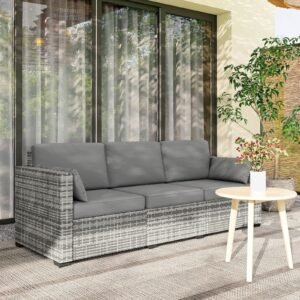 Patio Couch PE Wicker Deep Seating Outdoor Sofa With Removable Cushions, 3 Seater Rattan Sofa, Outdoor Furniture For Balcony, Deck, Garden And Poolside, Gray