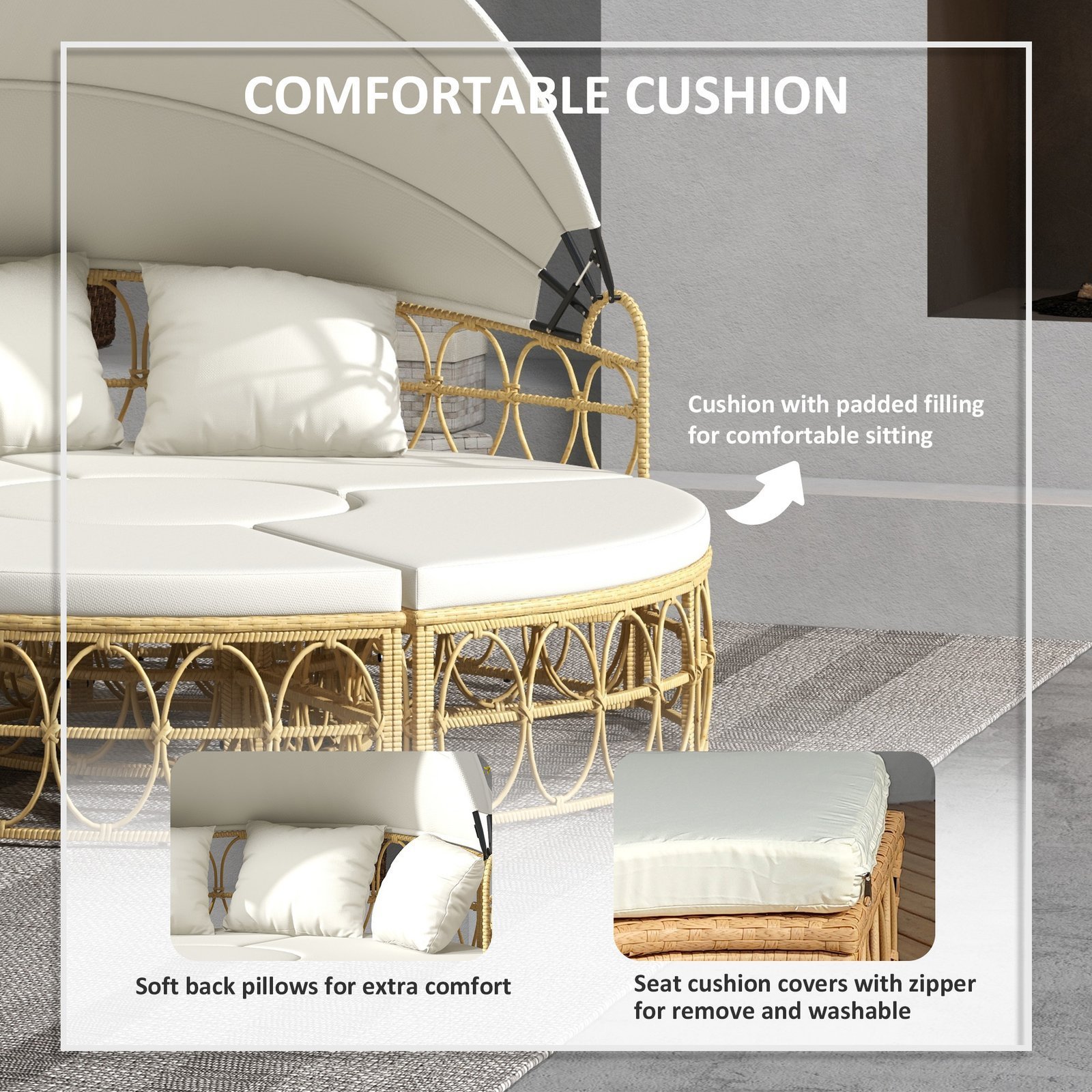 Patio Furniture Set, Round Outdoor Daybed with Retractable Canopy, Hollow Wicker PE Rattan Sectional Sofa with Washable Couch Cushions for Pool, Lawn, Cream White - Image 6