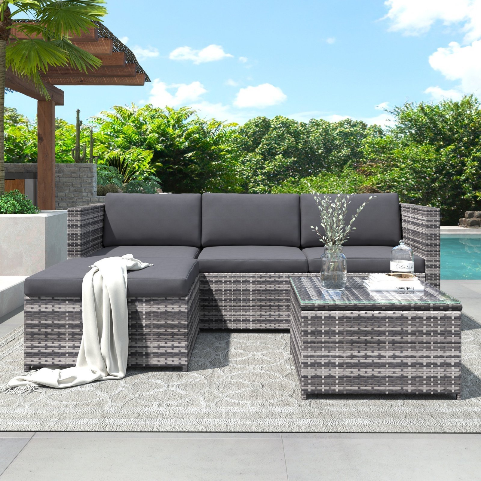 Garden Corner Sofa Rattan Garden Furniture Patio Set Garden Entertaining Set Garden Rattan Furniture Lounge Set,Grey - Image 4