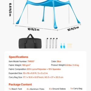 Beach Tent Sun Shelter, UPF50+ Sun Protection, 6.6 Ft Tall, 10x10 Ft, Easy Pop Up Beach Canopy With 4 Sandbags, Stability Poles, Sand Shovels, Portable Shade For Family Outings, Camping, Fishing