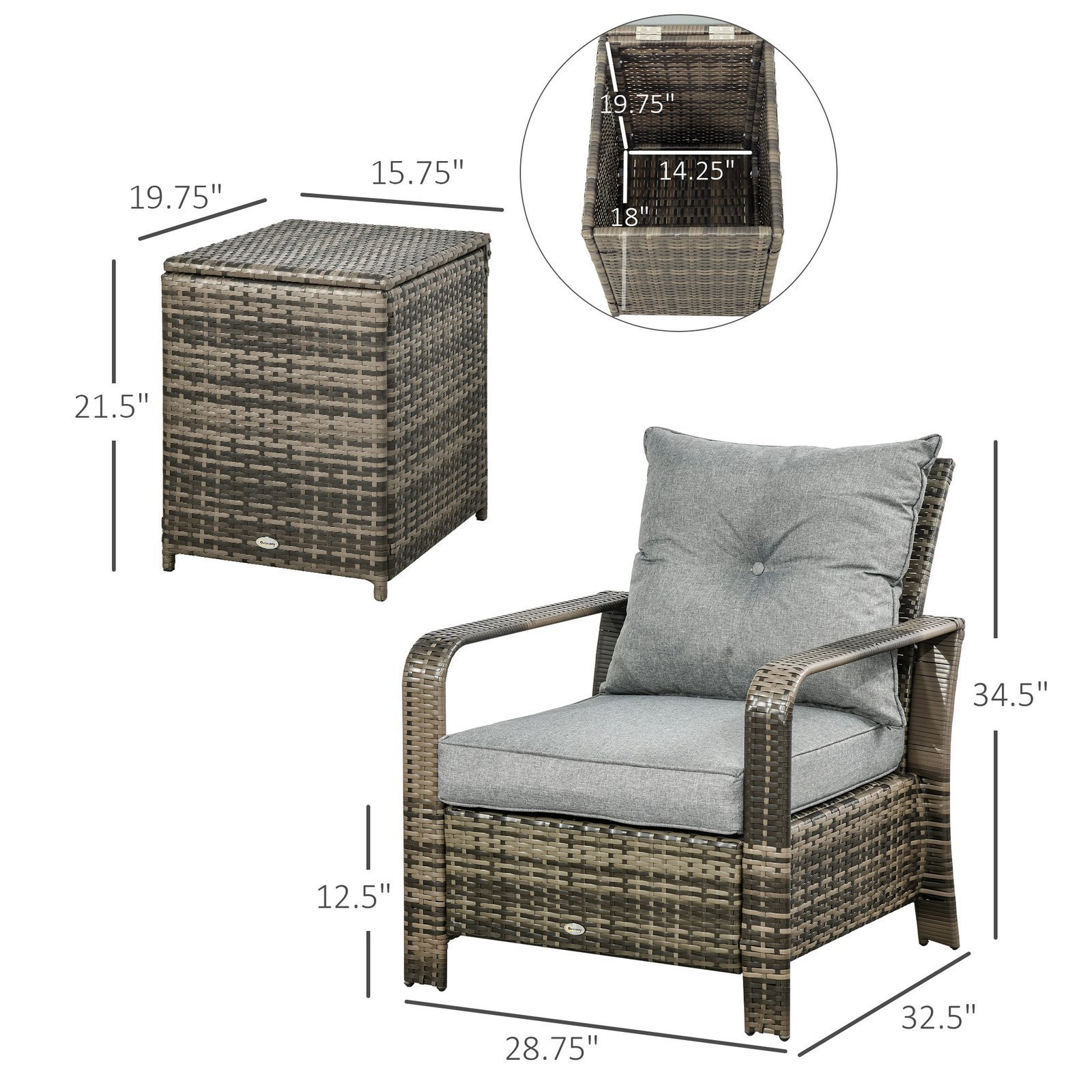 3 Piece Patio Furniture, PE Wicker Storage Table & Chairs, Gray - Image 5