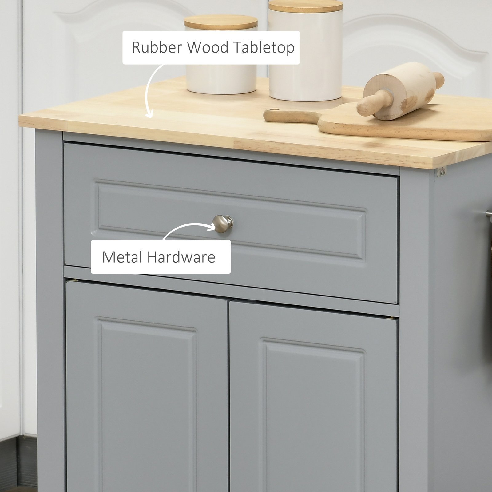 Rolling Kitchen Island Cart, Portable Serving Trolley Table with Drawer, Adjustable Shelf and 2 Towel Racks, Grey - Image 7