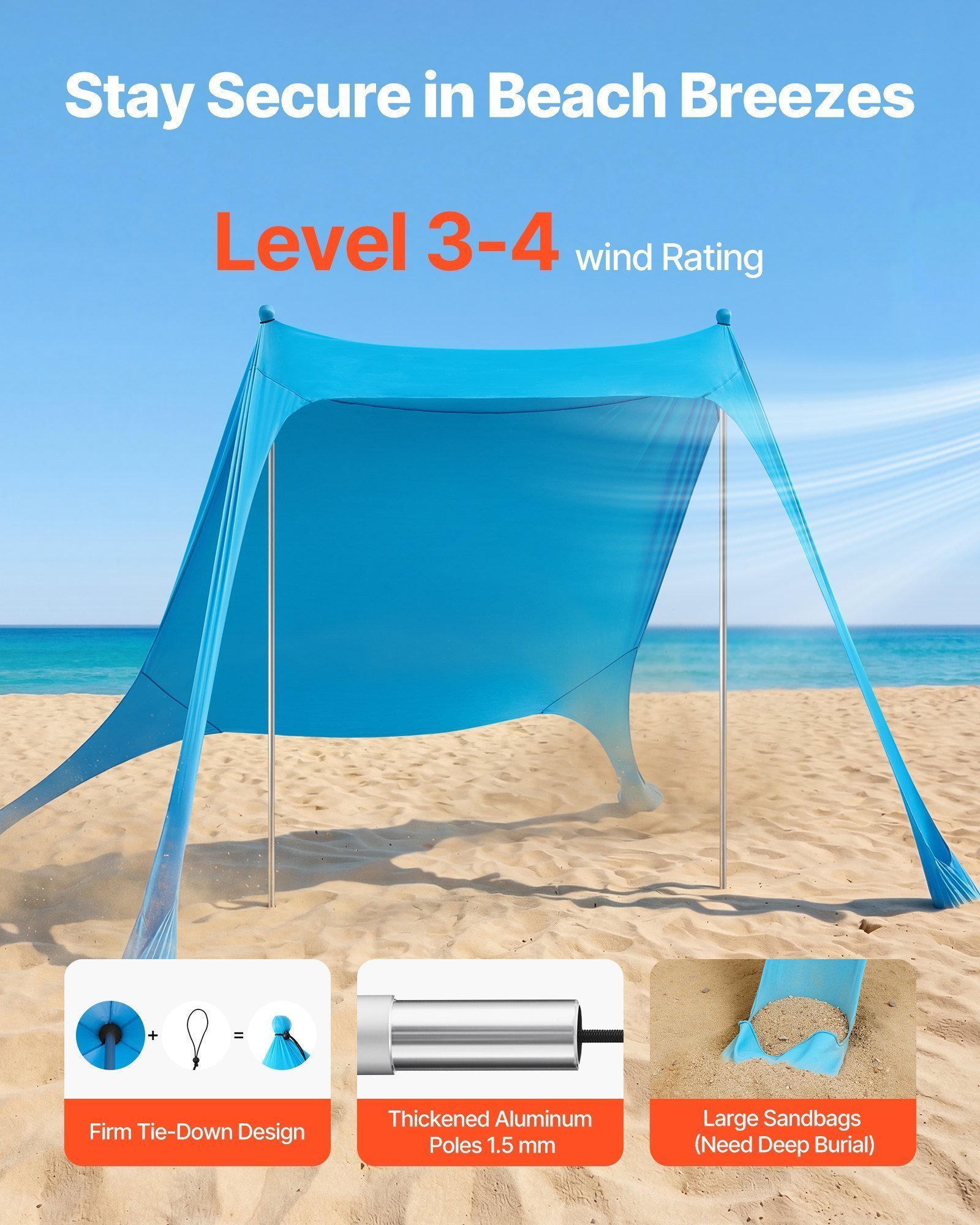 Beach Tent Sun Shelter, UPF50+ Sun Protection, 6.6 Ft Tall, 7.5x7.5 Ft, Easy Pop Up Beach Canopy With Sandbags, Stability Poles, Sand Shovels, Portable Shade For Family Outings, Camping, Fishing - Image 5