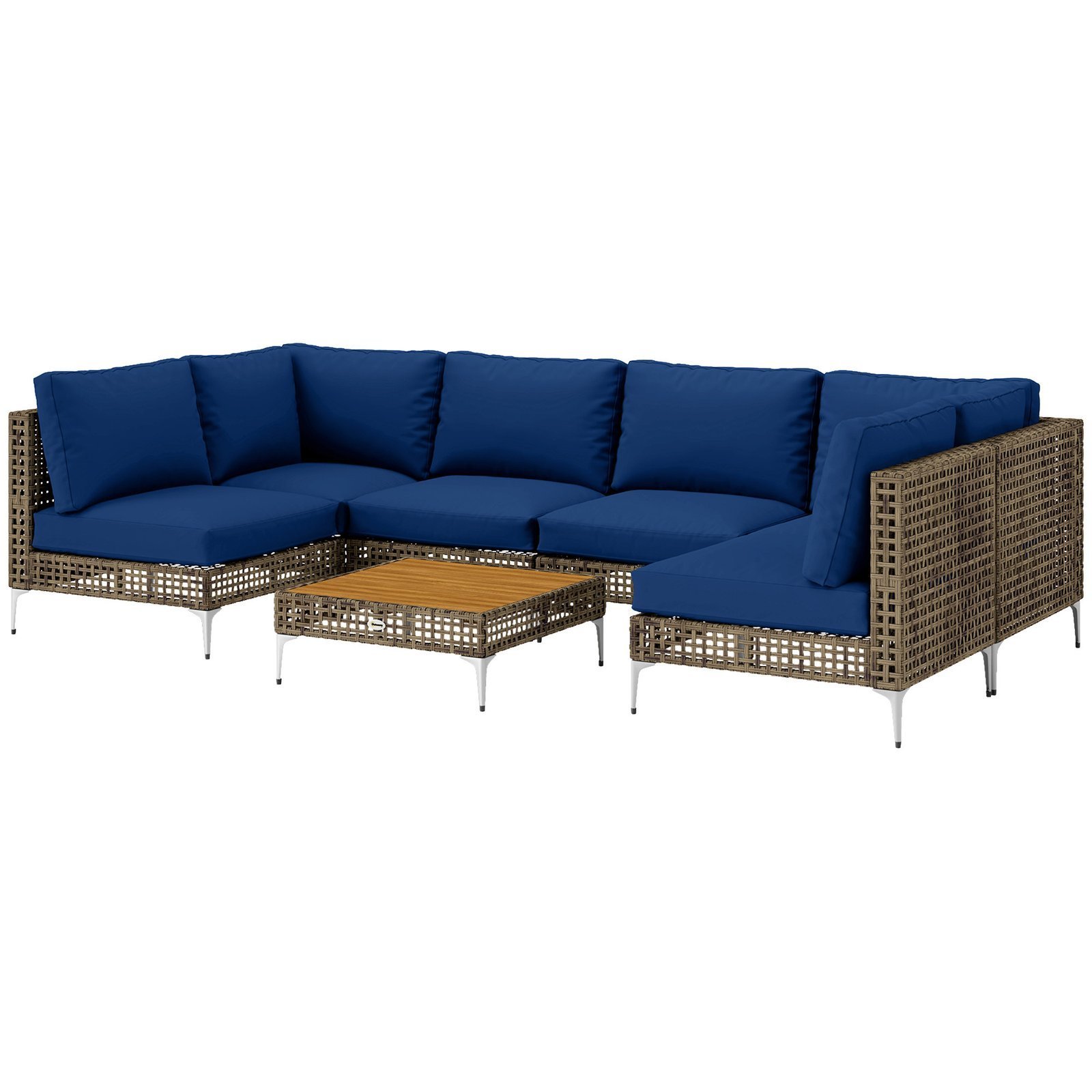 7 Piece Wicker Patio Furniture Set, Modular Outdoor Sectional With Thickened Cushions, Acacia Wood Table, Brown Blue - Image 6