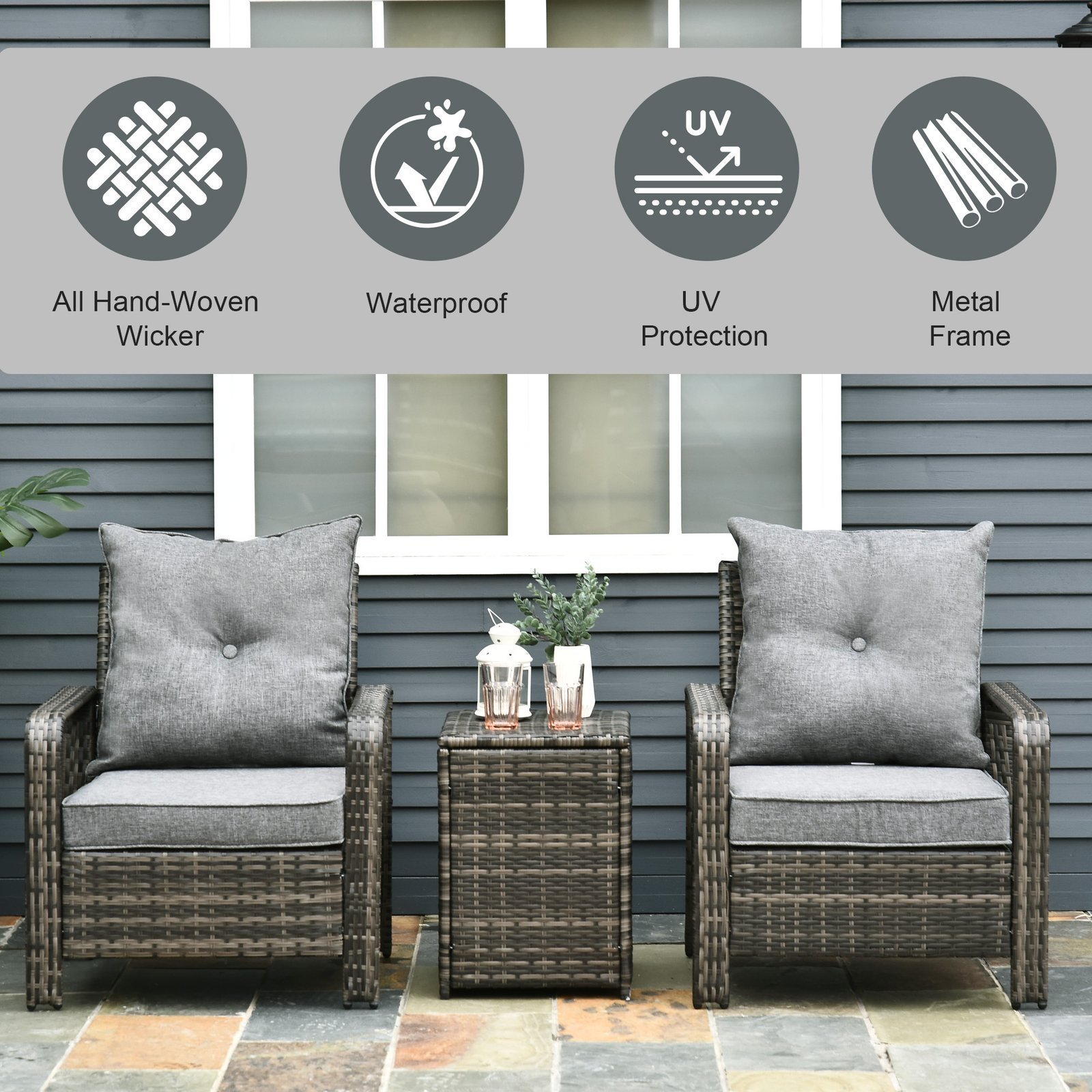 3 Piece Patio Furniture, PE Wicker Storage Table & Chairs, Gray - Image 3