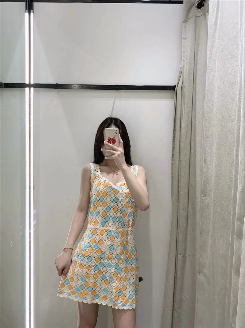 Early Autumn High-waist Sling Diamond Crochet Mini Dress Casual Short Skirt - Image 5