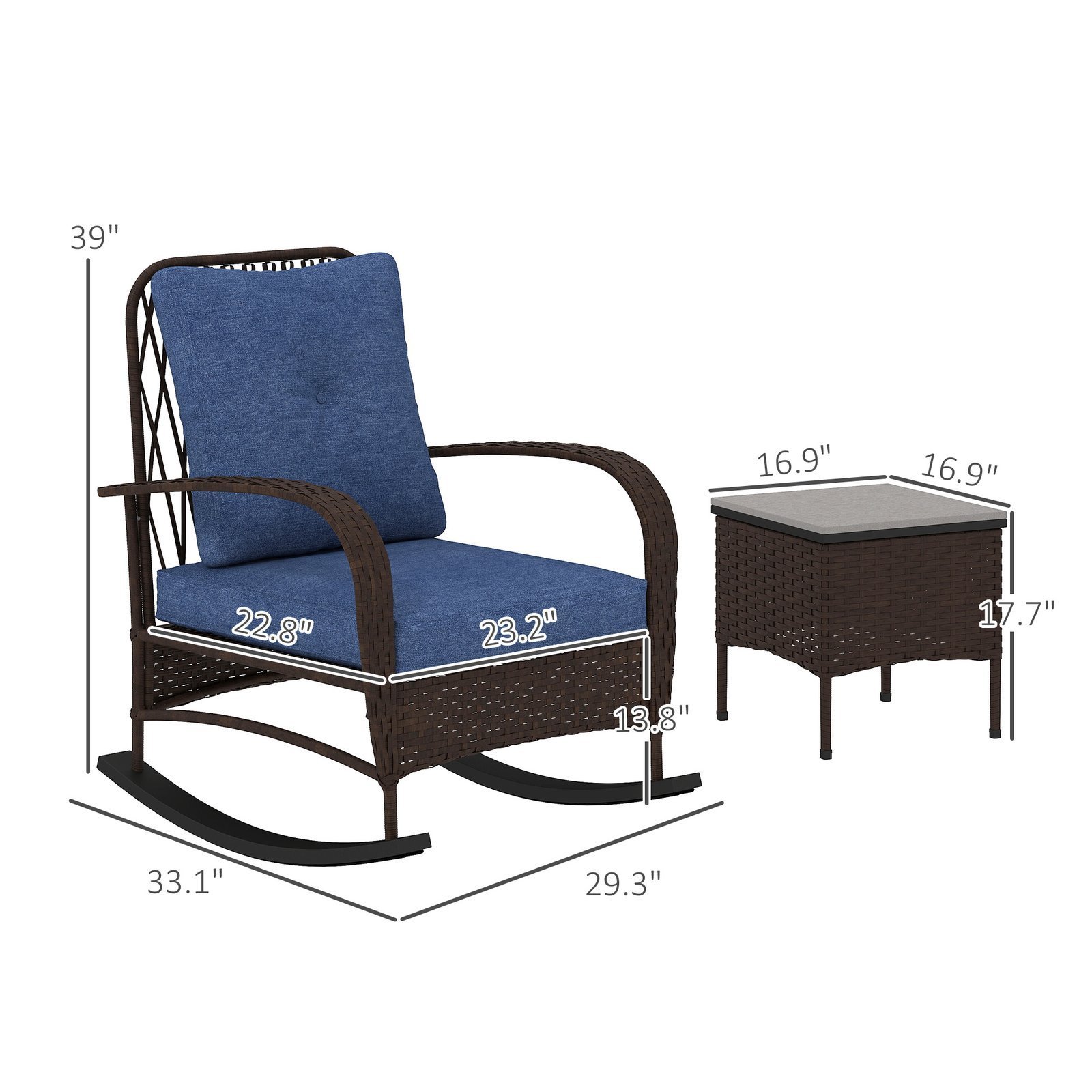 3 Piece Wicker Patio Furniture Set, Outdoor PE Rattan Rocking Chairs With Coffee Table, Cushions For Porch, Brown - Image 6