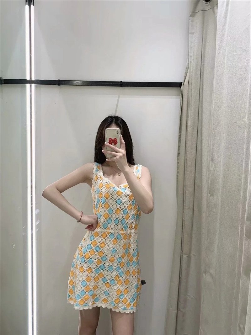 Early Autumn High-waist Sling Diamond Crochet Mini Dress Casual Short Skirt
