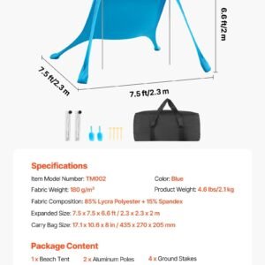 Beach Tent Sun Shelter, UPF50+ Sun Protection, 6.6 Ft Tall, 7.5x7.5 Ft, Easy Pop Up Beach Canopy With Sandbags, Stability Poles, Sand Shovels, Portable Shade For Family Outings, Camping, Fishing