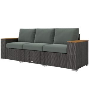 3-Seat Outdoor Patio Sofa With Cushions, PE Rattan Wicker Sofa With Wide Armrests, Outdoor Wicker Couch, Dark Gray