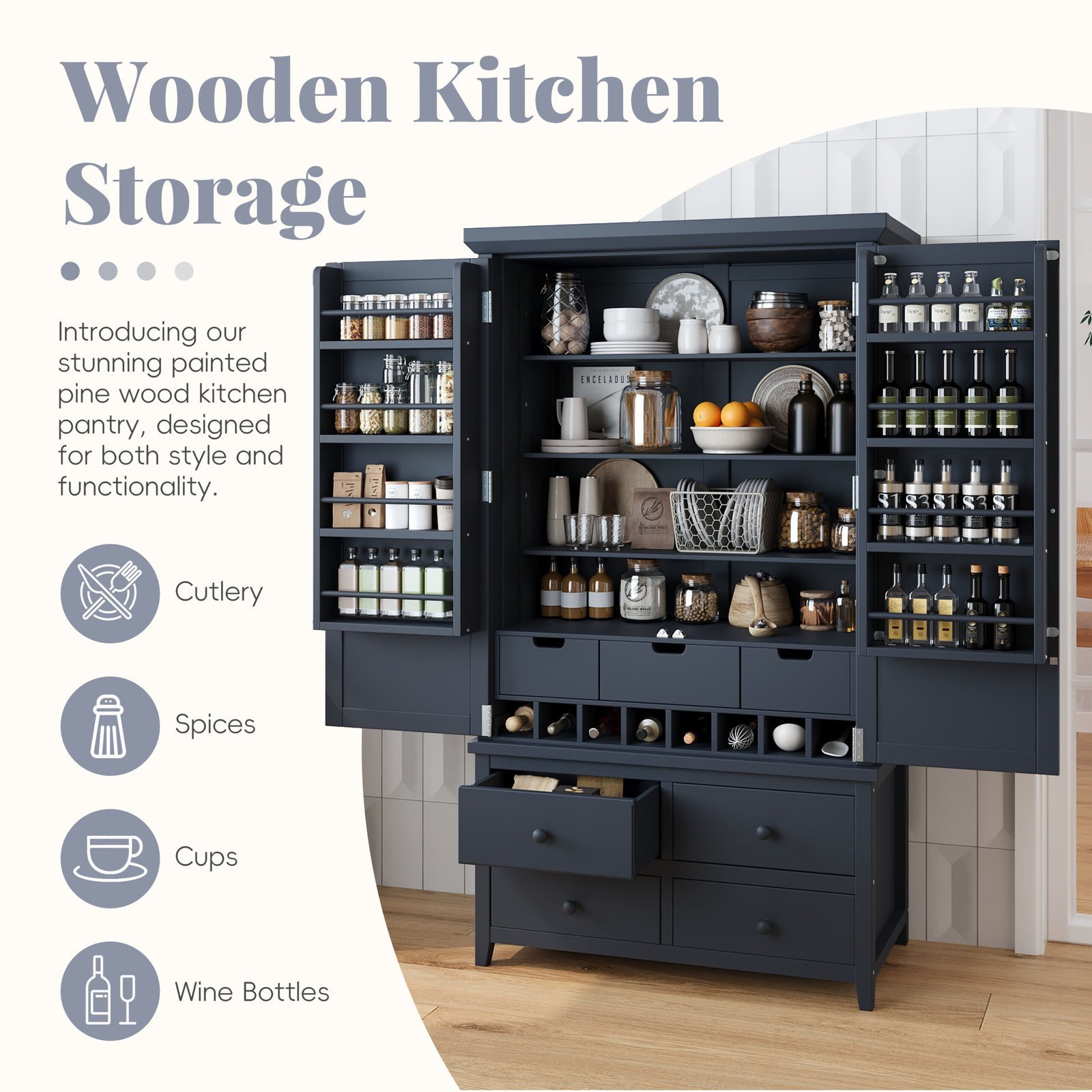 Assembly&Show Video Available TOPMAx Freestanding Large Kitchen Pantry Wooden Kitchen Storage Cabinet Cupboard With 8 Door Shelves 3 Adjustable Shelves 7 Drawers& 8 Wine Racks Gray - Image 5