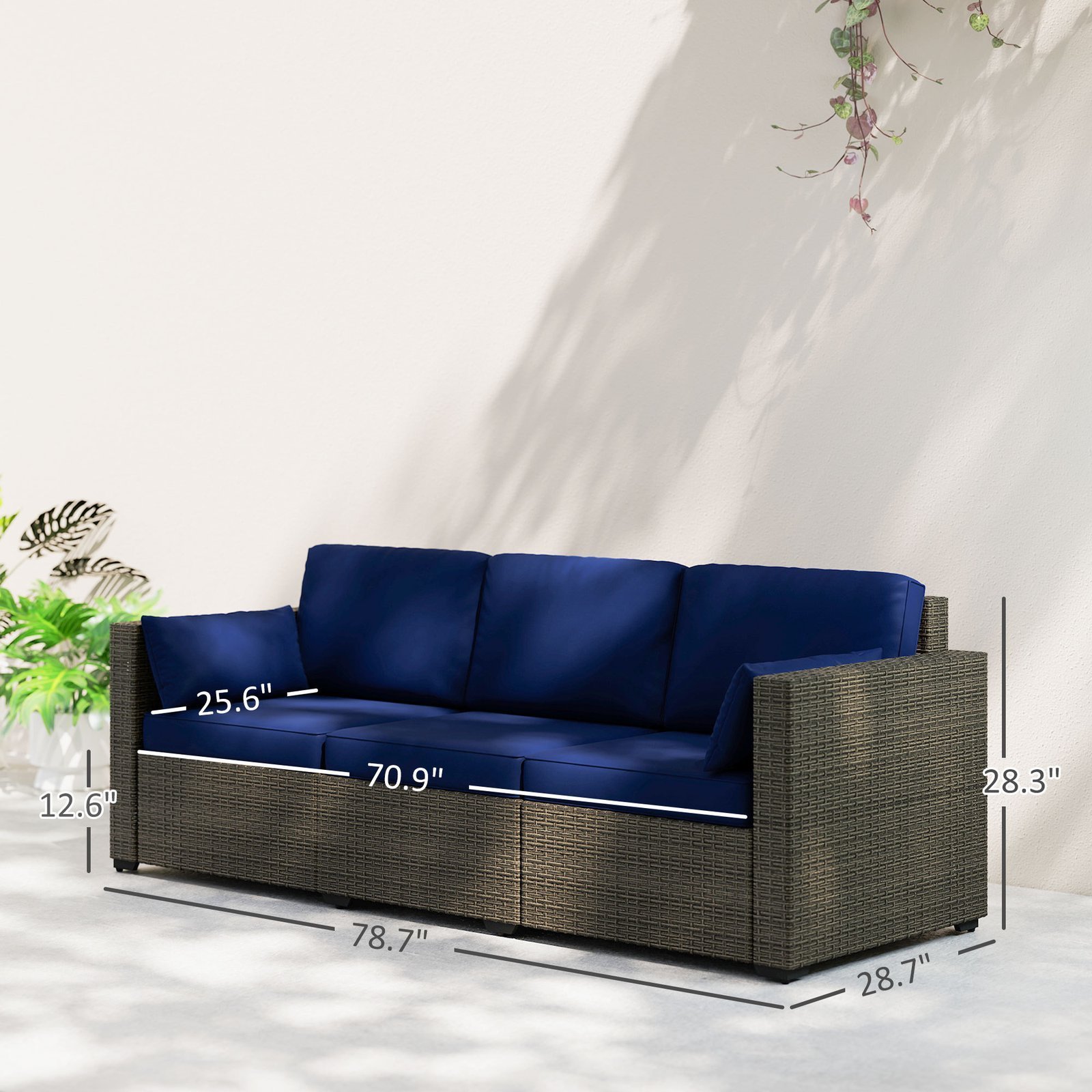 Patio Couch PE Wicker Deep Seating Outdoor Sofa With Removable Cushions, 3 Seater Rattan Sofa, Outdoor Furniture For Balcony, Deck, Garden And Poolside, Navy Blue - Image 2