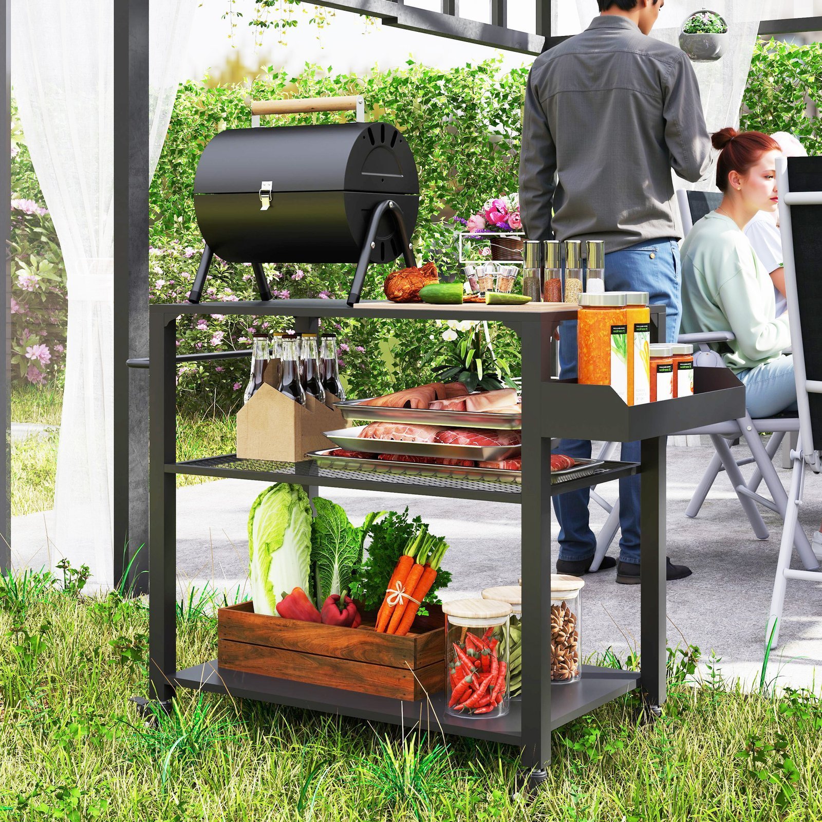3-Tier Outdoor Grill Cart with Storage Racks, Side Handle, Movable Pizza Oven Table on Wheels - Image 6