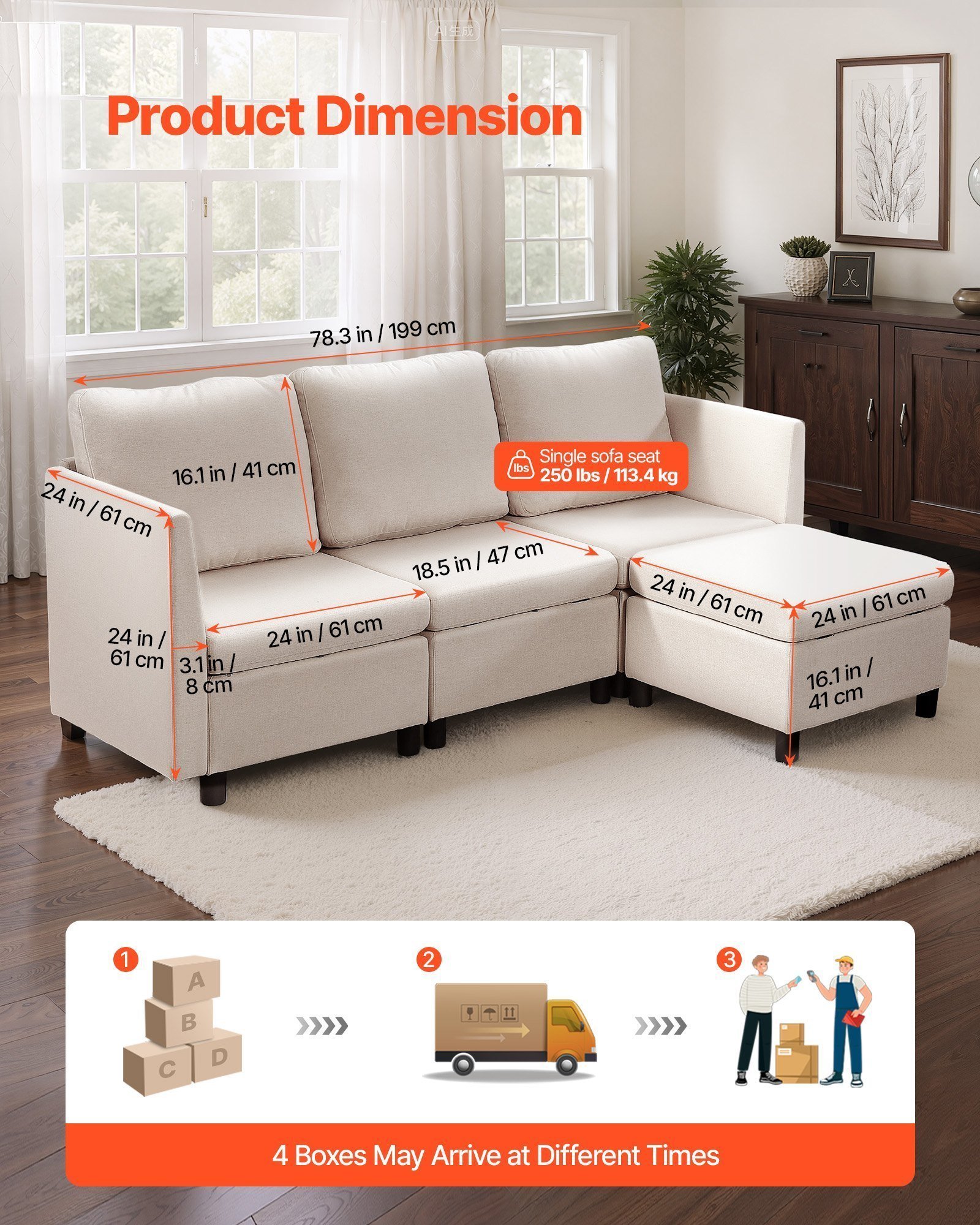Modular Sectional Sofa, 3-Seater Modular Sofa With Hidden Storage, Cloud Sectional Couch With Ottoman & High Rebound Sponge, Solid Wood Frame Upholstered Couch For Living Room, Bedroom, Beige - Image 2