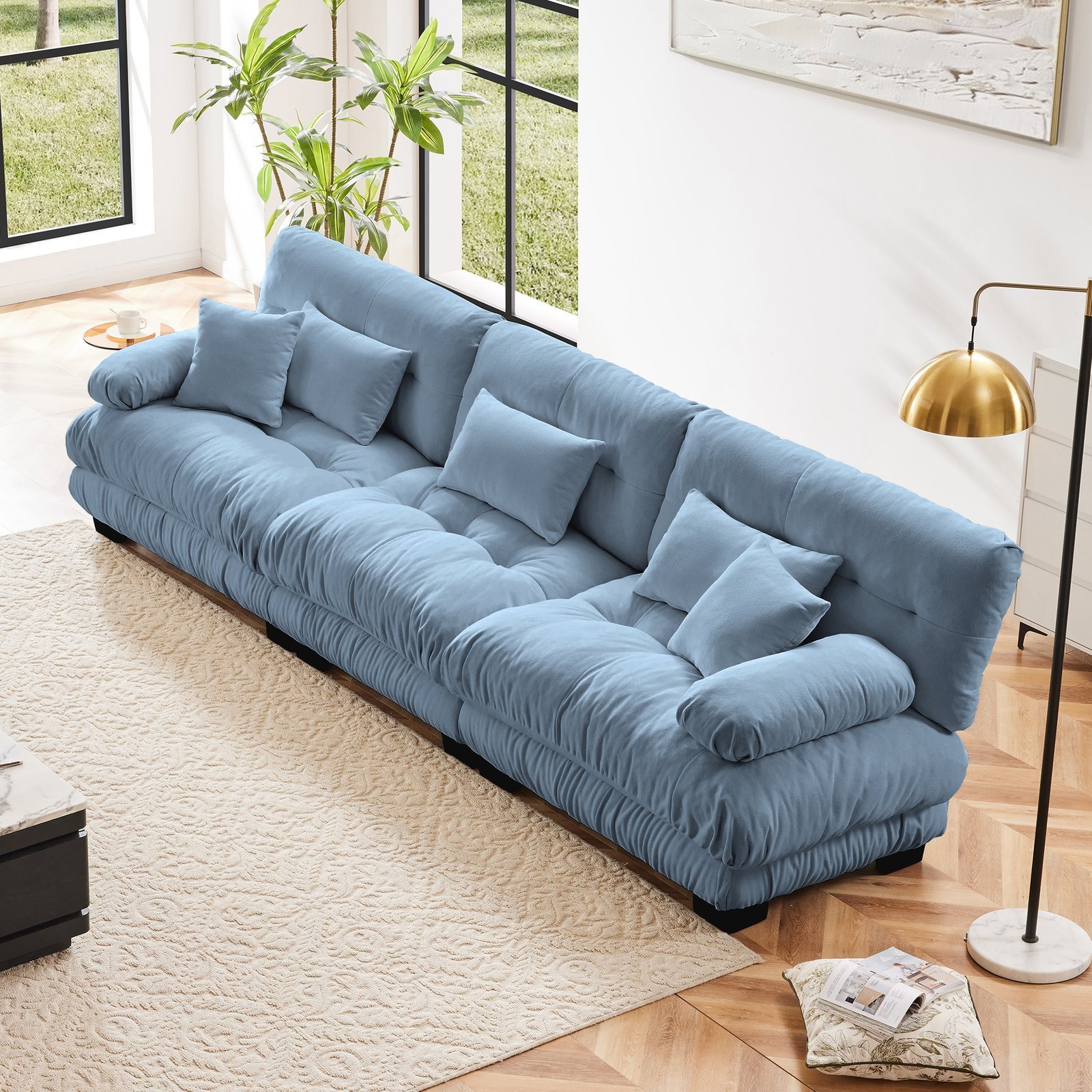 3-Seater Sectional Sofa Modular Deep Seat Sofa Couch , Chenille Sofa Soft Comfy Upholstered Furniture For Living Room, Apartment, Studio, Office,Chenille Blue