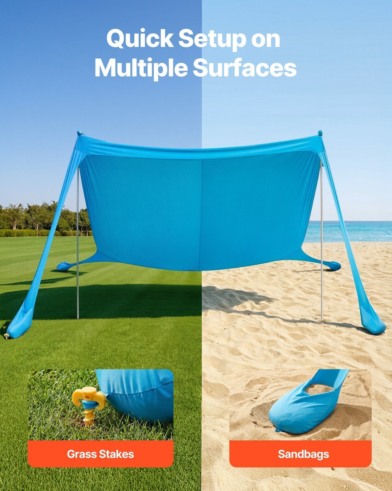 Beach Tent Sun Shelter, UPF50+ Sun Protection, 6.6 Ft Tall, 11 X 11 Ft, Easy Pop Up Beach Canopy With Sandbags, Stability Poles, Sand Shovels, Portable Shade For Family Outings, Camping, Fishing - Image 4