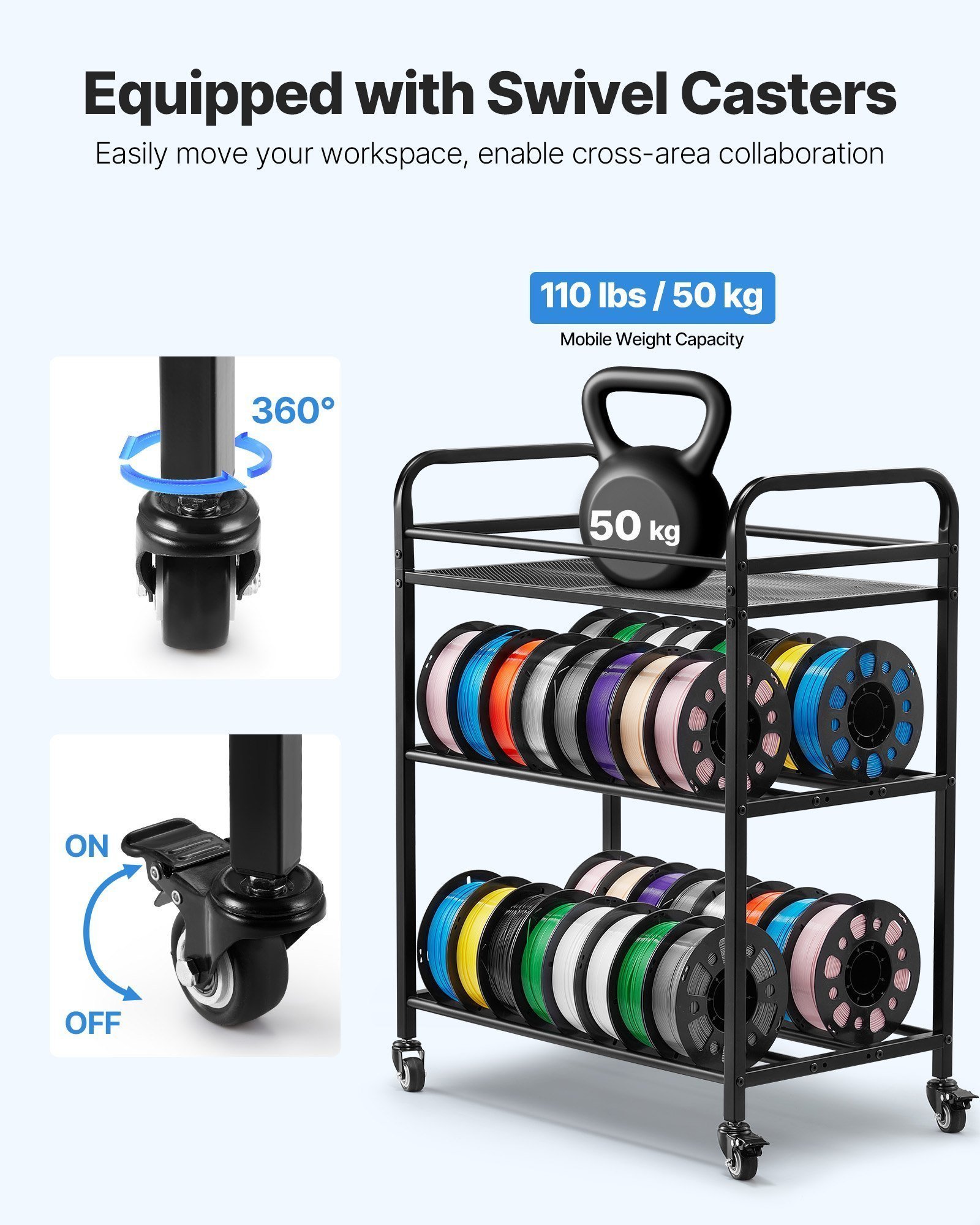 3D Printer Filament Storage Rack, 3 Tier Heavy Duty Storage Shelf, Rolling Filament Spool Holders Racks With Wheels, Filaments Organzied For 3D Printing Station, Office, Workshop (Shelf Only) - Image 5