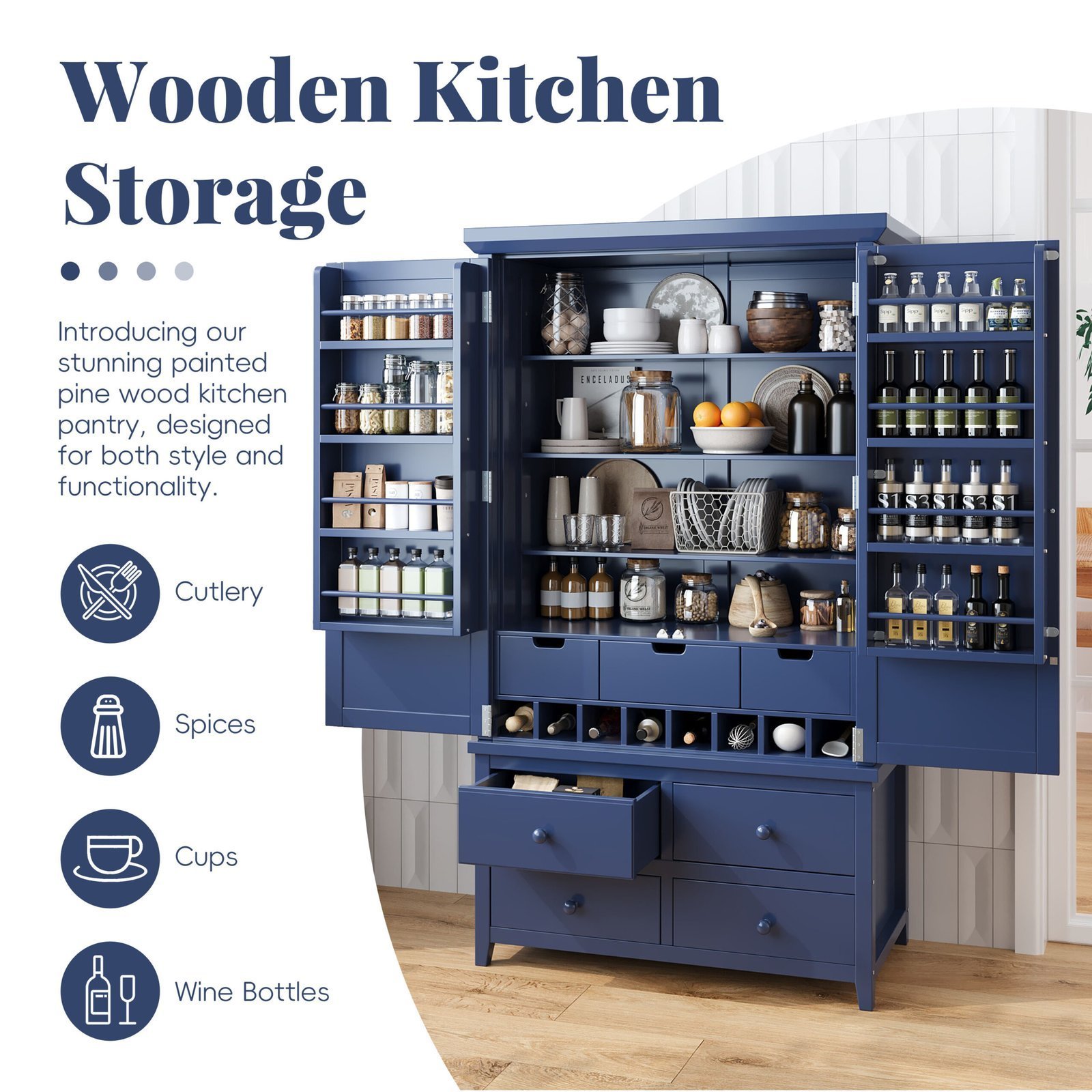 Assembly&Show Video Available TOPMAx Freestanding Large Kitchen Pantry Wooden Kitchen Storage Cabinet Cupboard With 8 Door Shelves 3 Adjustable Shelves 7 Drawers& 8 Wine Racks Blue - Image 2