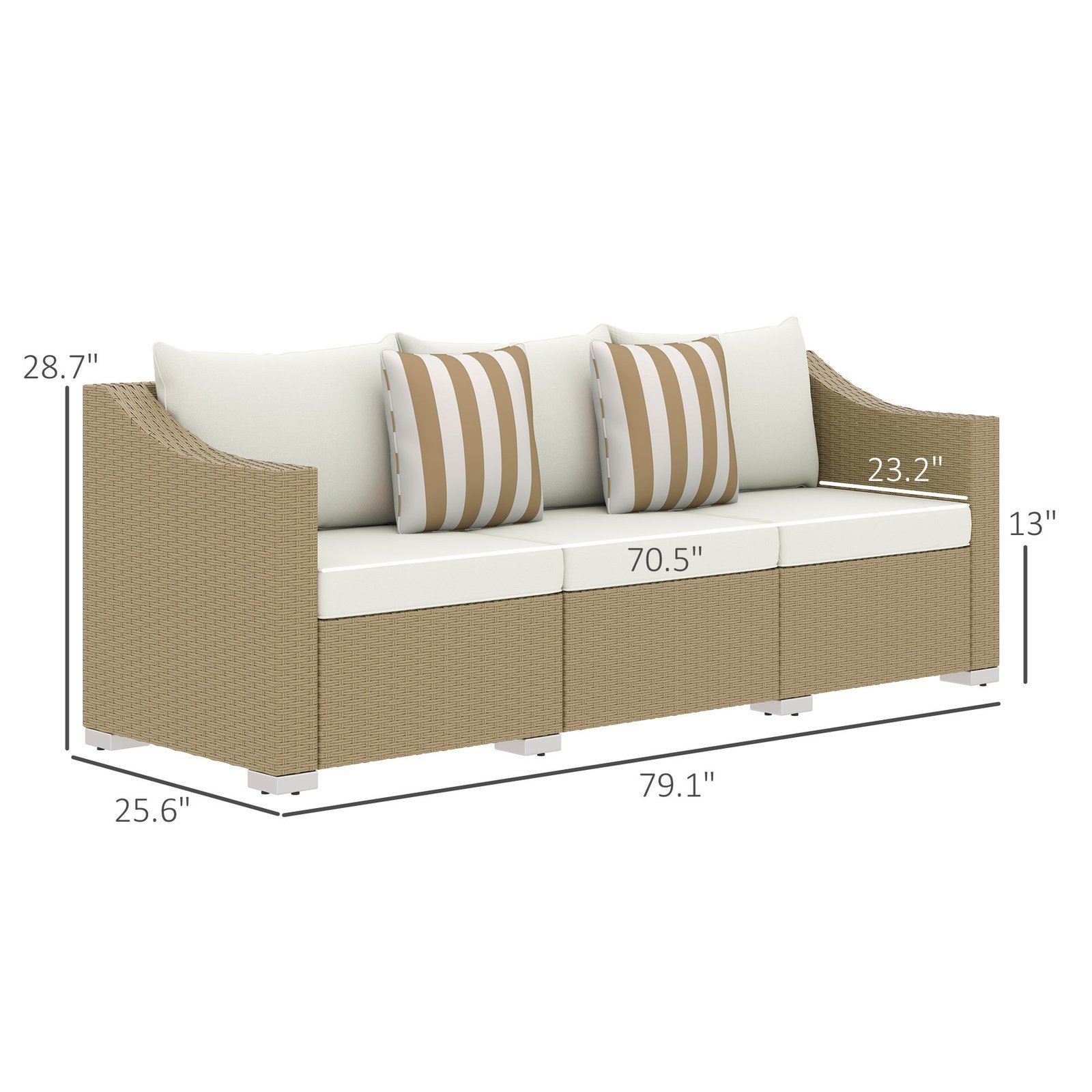 Rattan Wicker 3 Seater Patio Couch With Cushions, 2 Throw Pillows, Outdoor Furniture Rattan Sofa, Cream White - Image 4