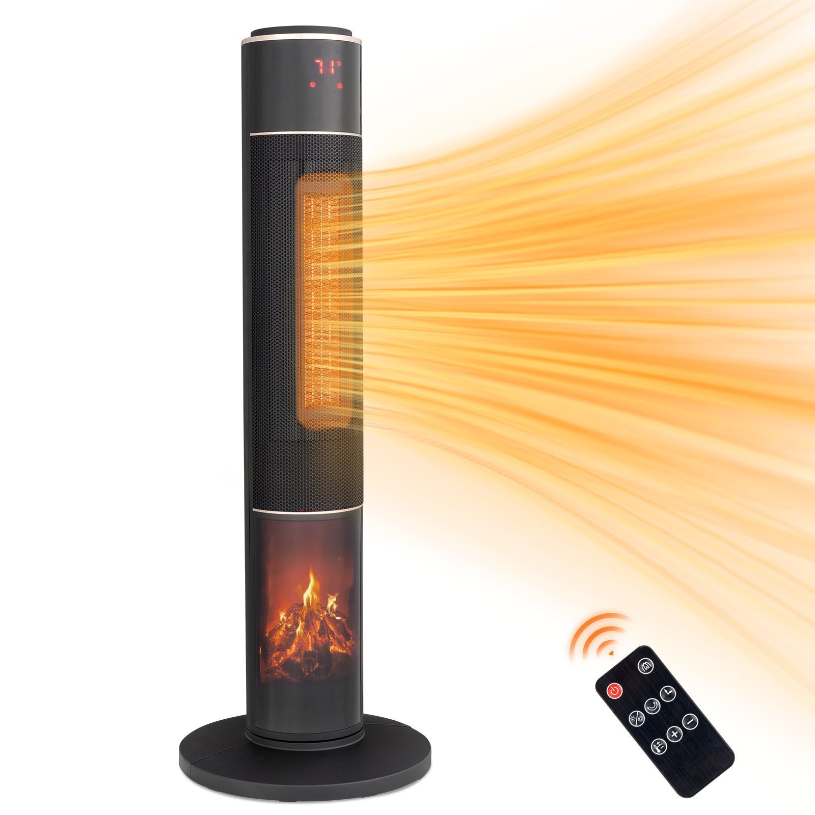 33inch Tower Space Heater With 3D Flame, 1500W Portable Electric Heater With Thermostat, 60 Degrees Oscillation, Timer, Remote Control, For Indoor Bedroom Office Home, Black - Image 6